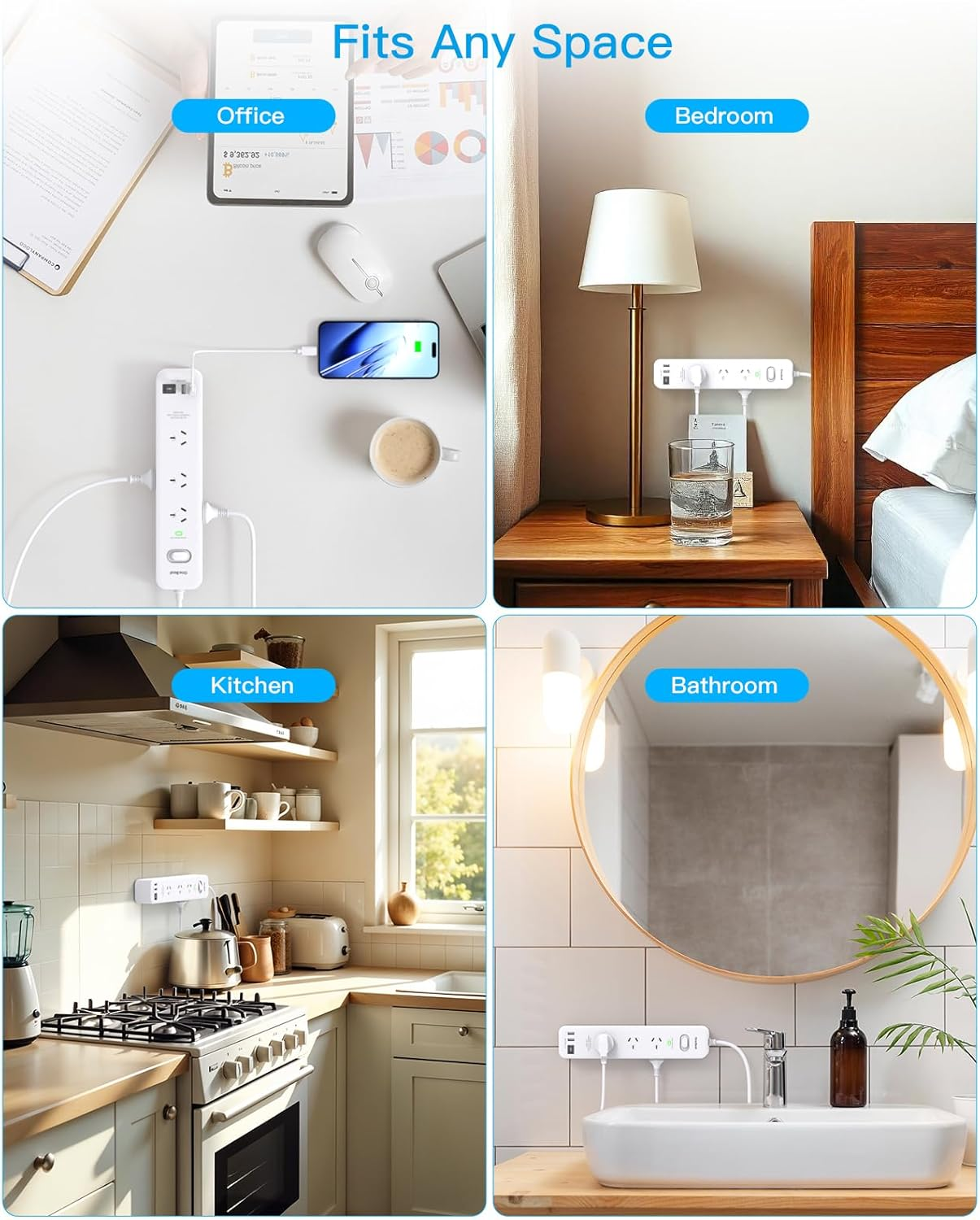 One Beat Surge Protected Power Board with 9 AC Outlets & 4 USB Ports (2&times;USB-C), USB Power Board with 1.8M Extension Cord, 900J Surge Protector,Wall Mount for Office, Dorm, Home Essentials