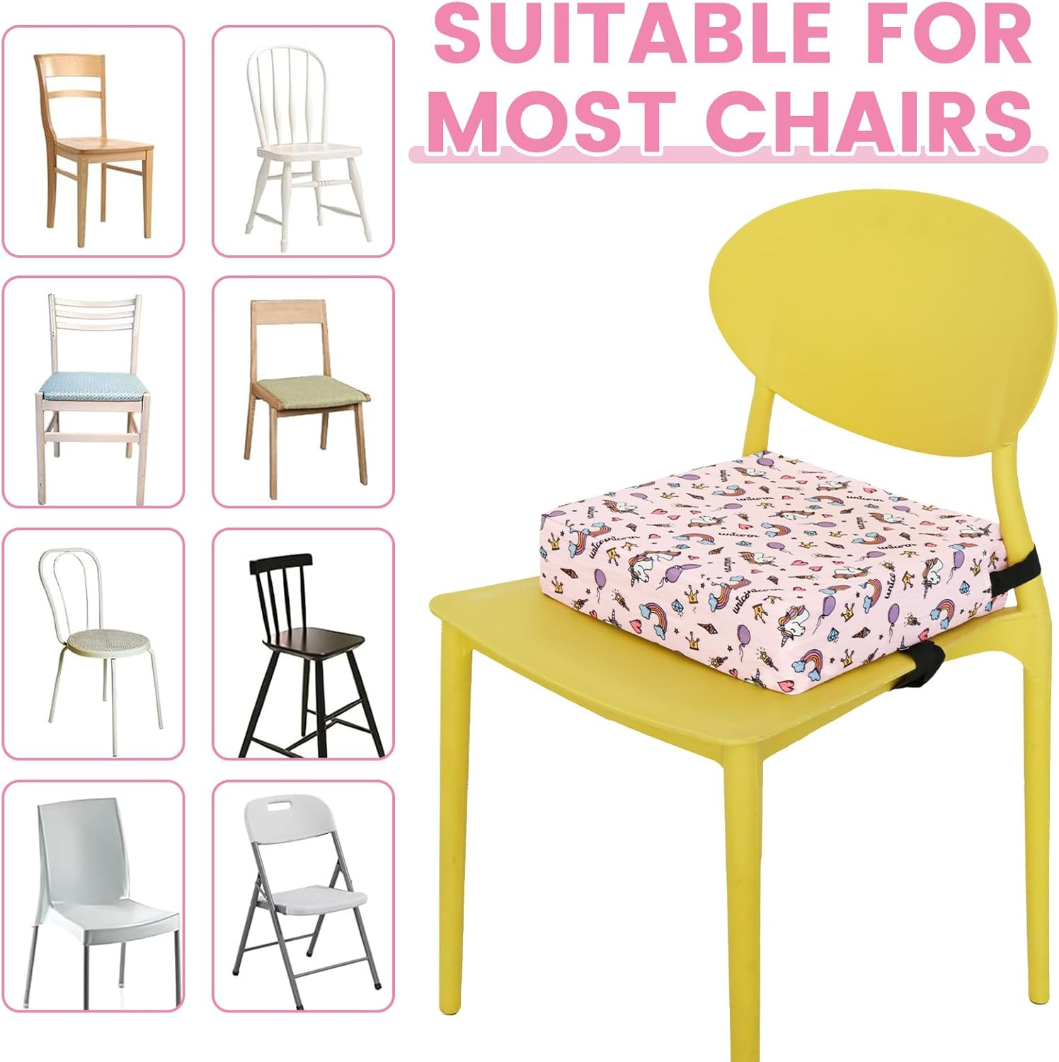 GOKENA Toddler Booster Seat Chair Increasing Cushion Soft Breathable Booster Seat Pad Dismountable Portable Washable Booster Seat Non-Slip Bottom Booster Chair Cushion for Toddlers Eating (Pink)