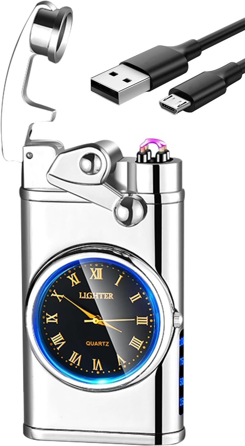 Electric Lighter Personalized Creative Lighter USB Rechargeable Lighter Flameless Lighter Windproof Dual Arc Plasma Lighters with Luminous Real Watch Dial LED (Silver) image number 1