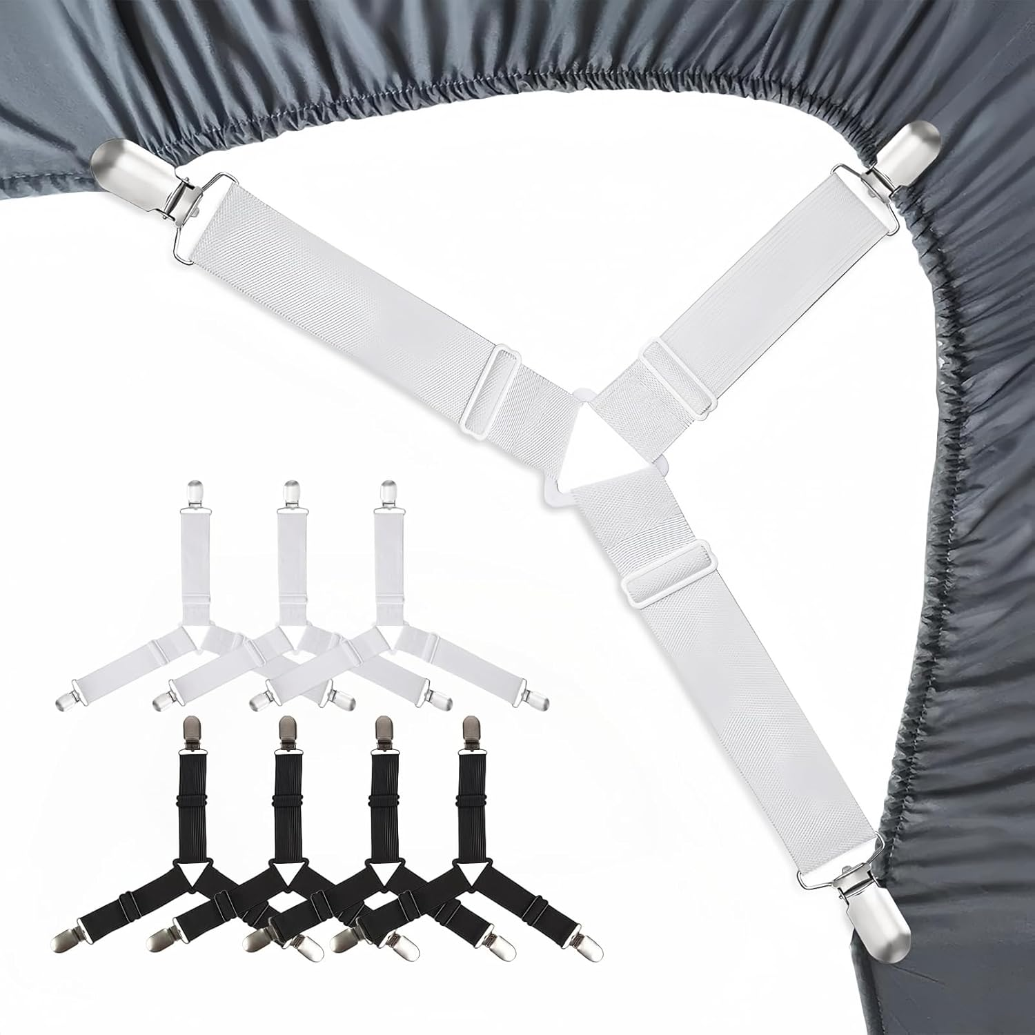 Bed Sheet Straps, Holder & Fasteners Set of 8- Keep Fitted Sheets Firm & Tight with Heavy-Duty Elastic Straps for Twin, Queen, King Size - Ideal Bedroom Accessories (Black & White) image number 6