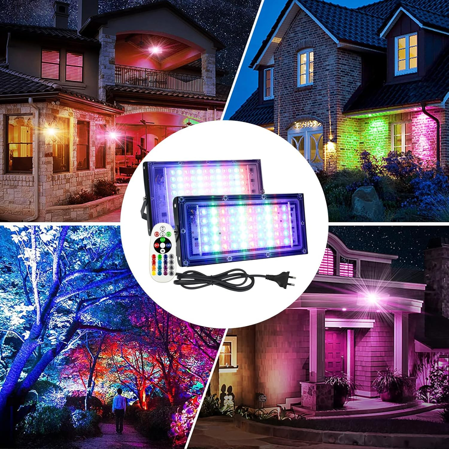 RGB Flood Light,Led Flood Light - 2 Pack 100W Smart RGB Light with Remote Control,Waterproof IP66 Floodlight,Outdoor Colour Changing Lights for Garden,Yard,Stage Lighting,Discos