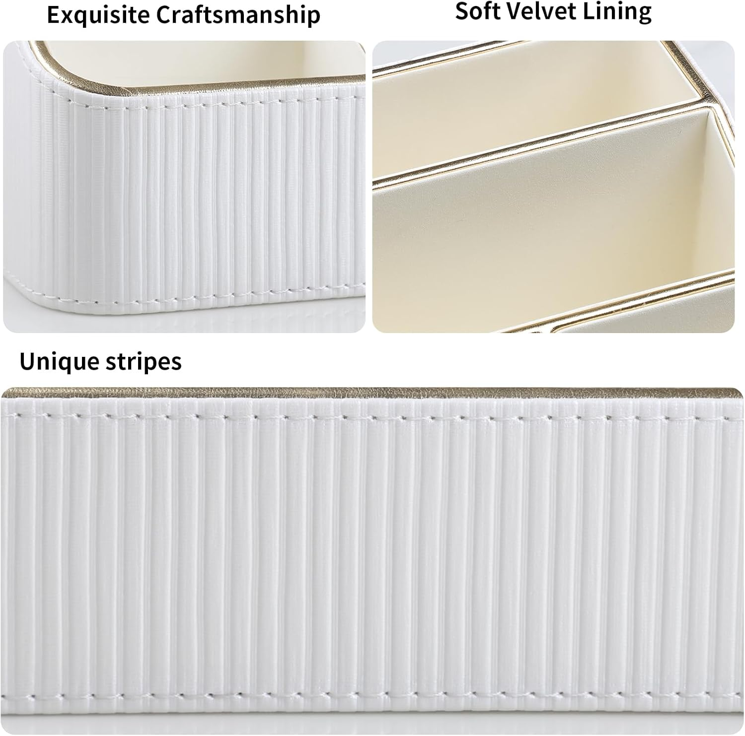 Cretkhp Remote Control Holder with 4 Compartments, PU Leather Small Nightstand Organizer for Home Desk Accessories Office Supplies, Multifunctional Stylish Small Bedside Desktop Organizers (White) - White image number 4