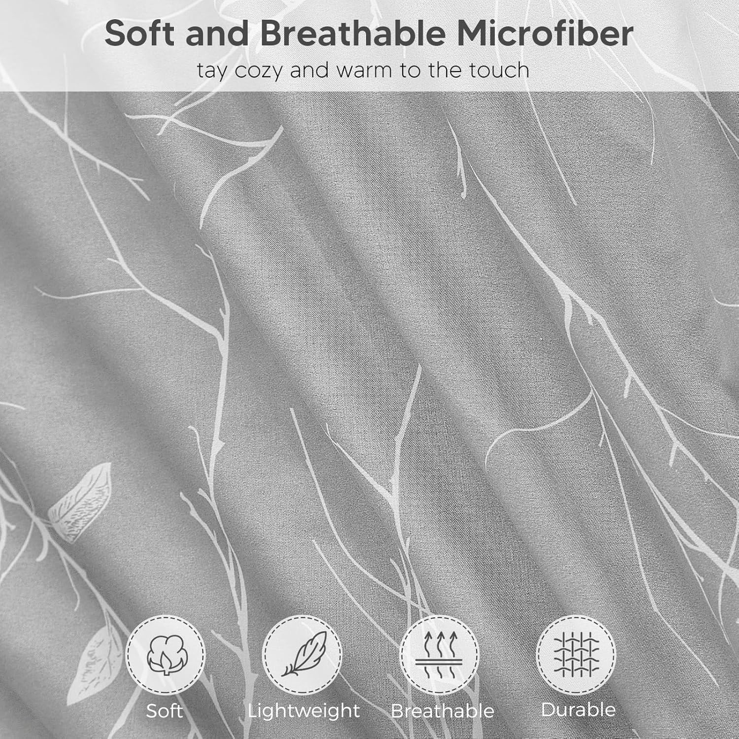 Tokokimo Fitted Sheet 160 X 200 Cm, 35 Cm Large Pockets with 2 Pillowcases 50 X 80 Cm - Soft, Double-Sided Microfibre Duvet Cover with Branch Motif, Grey/White image number 2