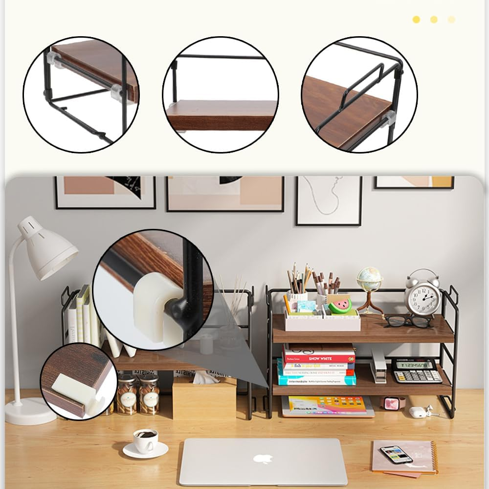 TOMVAES Desktop Shelf Office Desk Shelf Organizer, Wood Desktop Bookshelf Supplies Storage Rack Shelf for Top of Desk and Dresser 2 Tier Independent Stackable Desk Organizer for Office, Dorm, Home