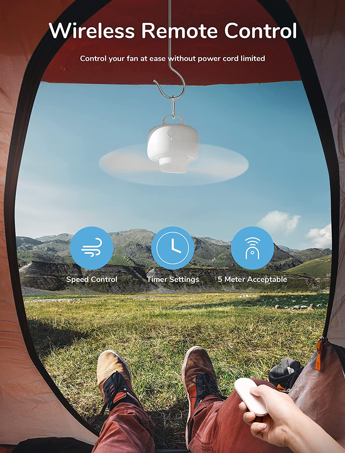 JISULIFE 8000Mah Camping Fan Battery Operated, USB Rechargeable with Remote Control, Removable Fan Blades, Hanging Hook, Timer, 4 Speeds for Outdoor-White image number 4