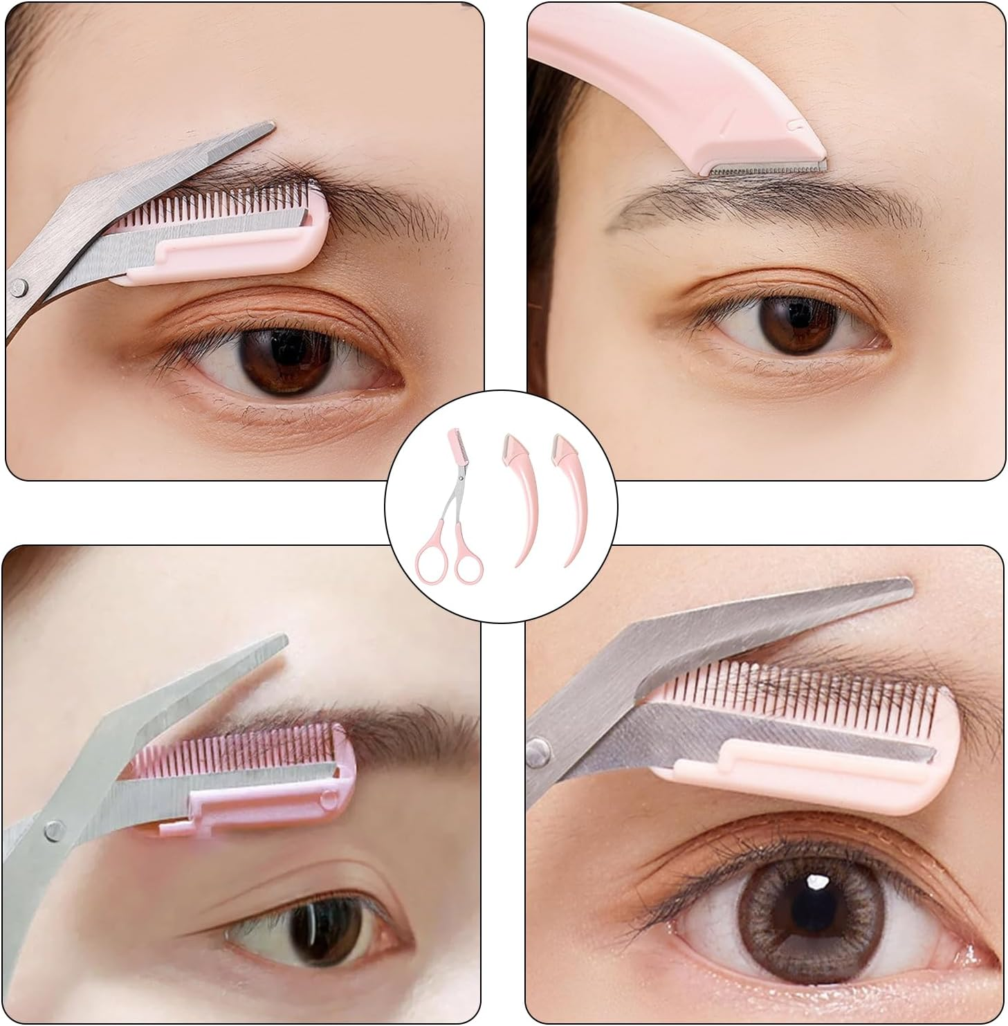 Pack of 3 Eyebrow Scissors with Comb, Eyebrow Scissors, Eyebrow Scissors for Women, Eyebrow Trimmer, Scissors, Eyelash Brush, Eyebrow Comb for Men and Women (Pink)