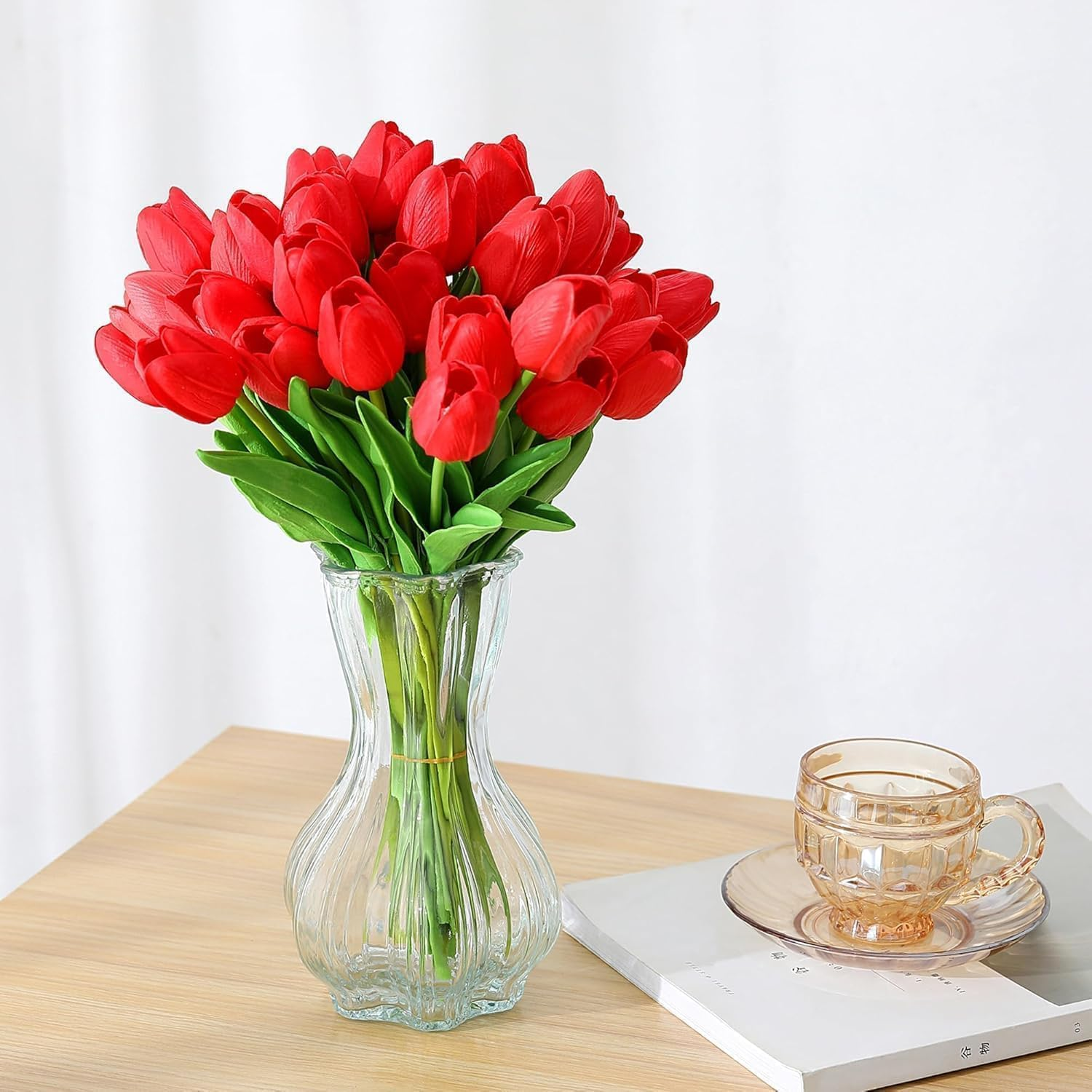 10Pcs Red Fake Tulips Artificial Flowers Real Touch Red Silk Flower for Home Kitchen Decor Spring Easter Wedding Bouquet Decorations Office Floral Arrangements (One Size) image number 1
