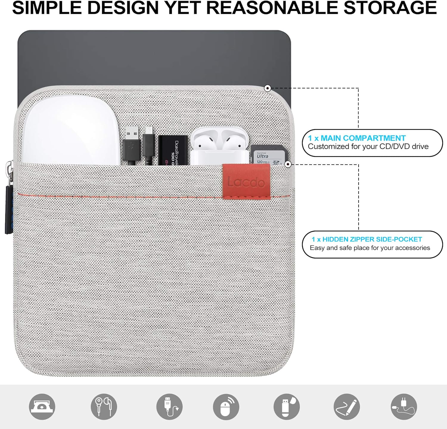 Lacdo Waterproof External USB CD DVD Writer Blu-Ray Protective Storage Carrying Case Bag Compatible Apple MD564ZM/A Superdrive,Magic Trackpad, Samsung/Lg/Dell/Asus/External DVD Drives, Gary - Gray image number 6