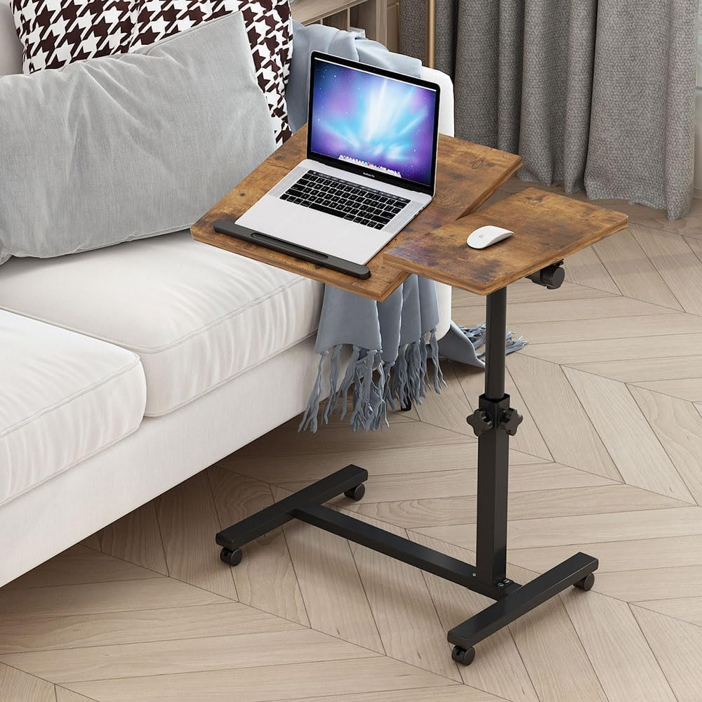 Kapeicamper Brown T-Shape Overbed Table with Wheels, Adjustable Tiltable Laptop Stand Desk, 15.7X13.7X23.6 Inches, 22 Lbs Load Capacity image number 6