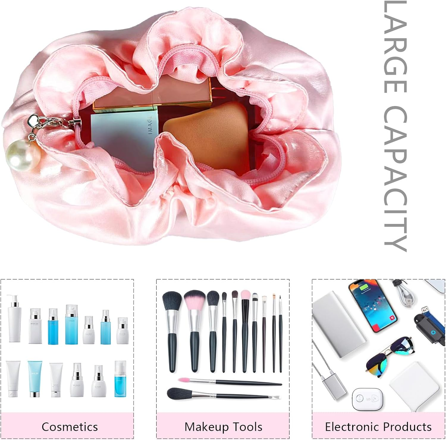 Zaciea Wrinkled Cosmetic Makeup Pouch Bag, Travel Toiletry Bag for Women (Pink)