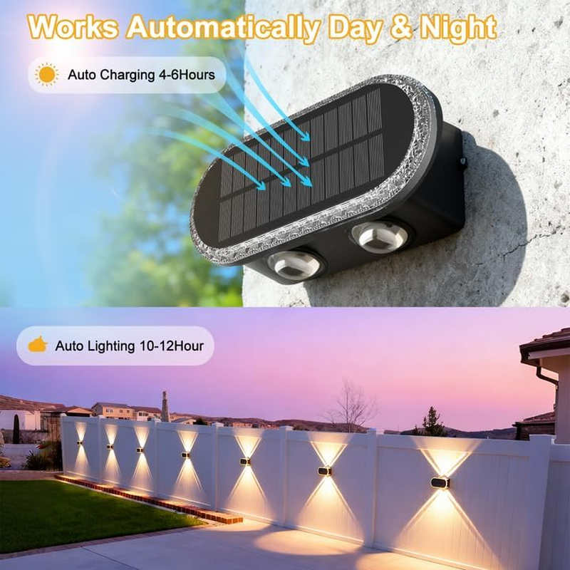 Ellasay Fence Lights Solar Powered: Outdoor LED Wall Lighting Dual Beam and 3 Color Modes IP65 Waterproof 12H Long Lasting Easy Mount for Garden Patio Backyard 4 Pack