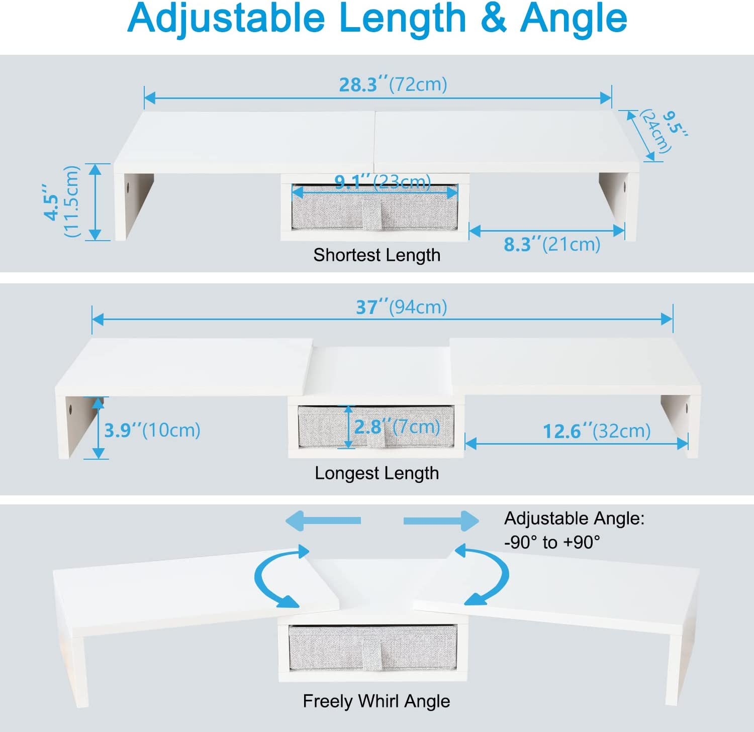 TEAMIX White Dual Monitor Stand Riser with Drawer - Length and Angle Adjustable Double Monitor Riser Corner Desk Shelf Organizer 37 Inch Long Monitor Riser for 2 Monitors/Laptop/Pc/Screen/Tv - White image number 3