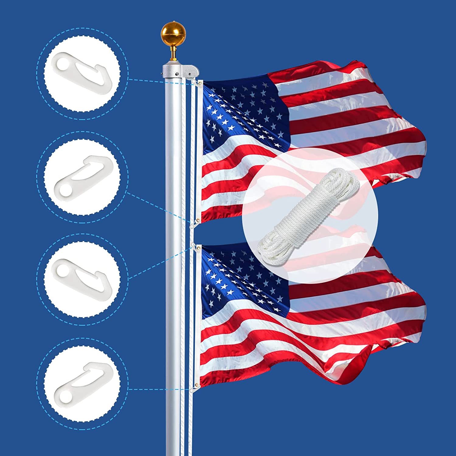 NQ 50 Feet X 1/4" Flag Pole Halyard Rope with 4 Pieces Nylon Flag Pole Hook Clips,Outdoor Flagpole Accessories-Double Braided, Compatible with Flagpoles up to 25 Feet image number 6