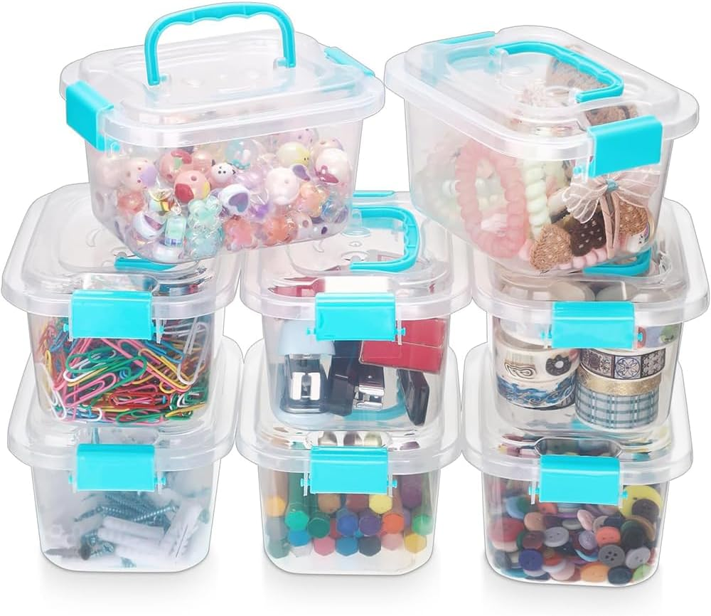 8-Pack of Small Clear Plastic Storage Boxes. Portable Mini Snack Storage Boxes, These Arts and Crafts Storage Boxes Come with Lids and Handles for Storing Crayons, Toys, Beads, and More