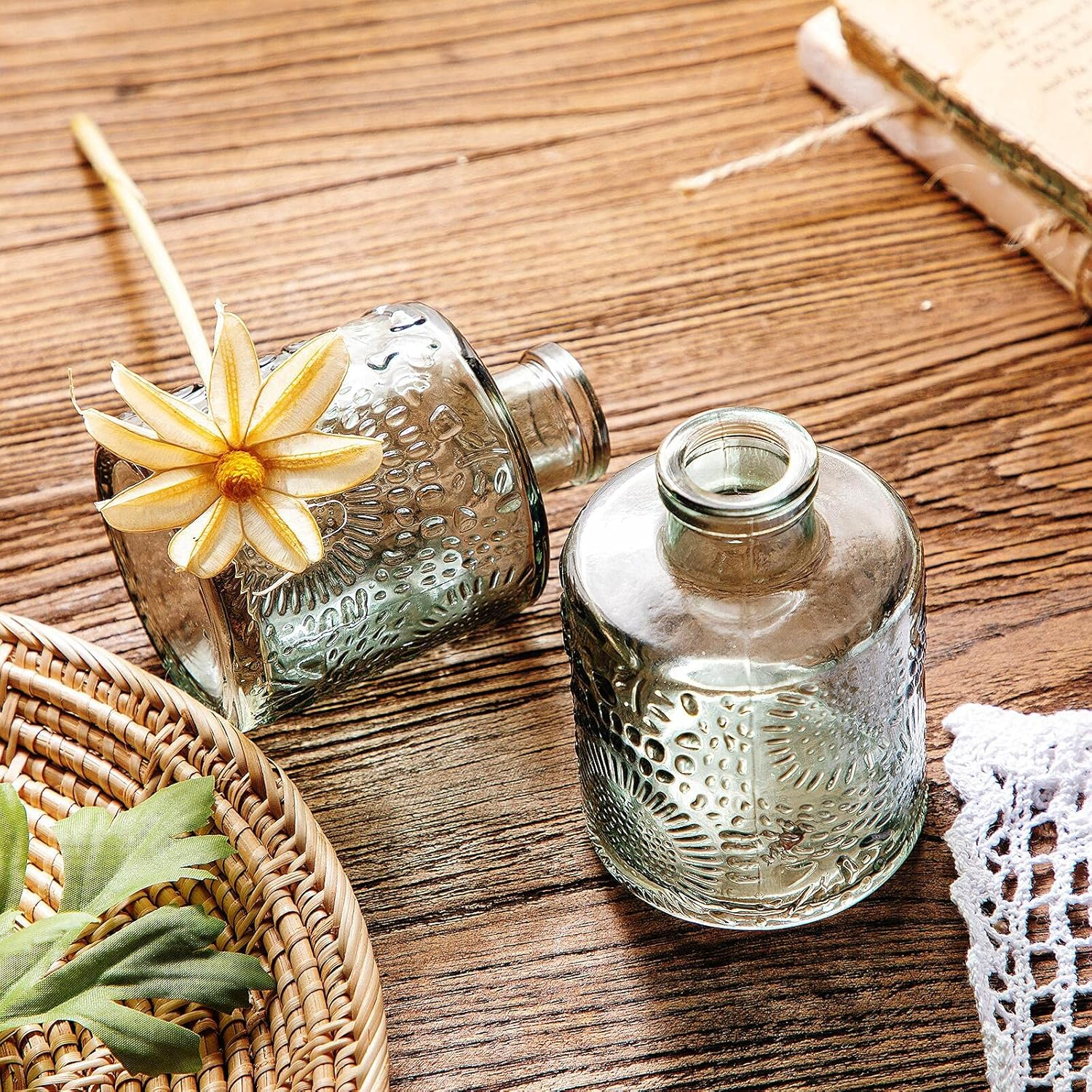 Glass Bud Vase Set of 6, Small Flower Vases for Decorative, Gradient Glass and Embossed Style Mini Glass Bottles for Home Decor, Vintage Glass Bottles 3.3"-5.2''H. (Mini Set of 3)