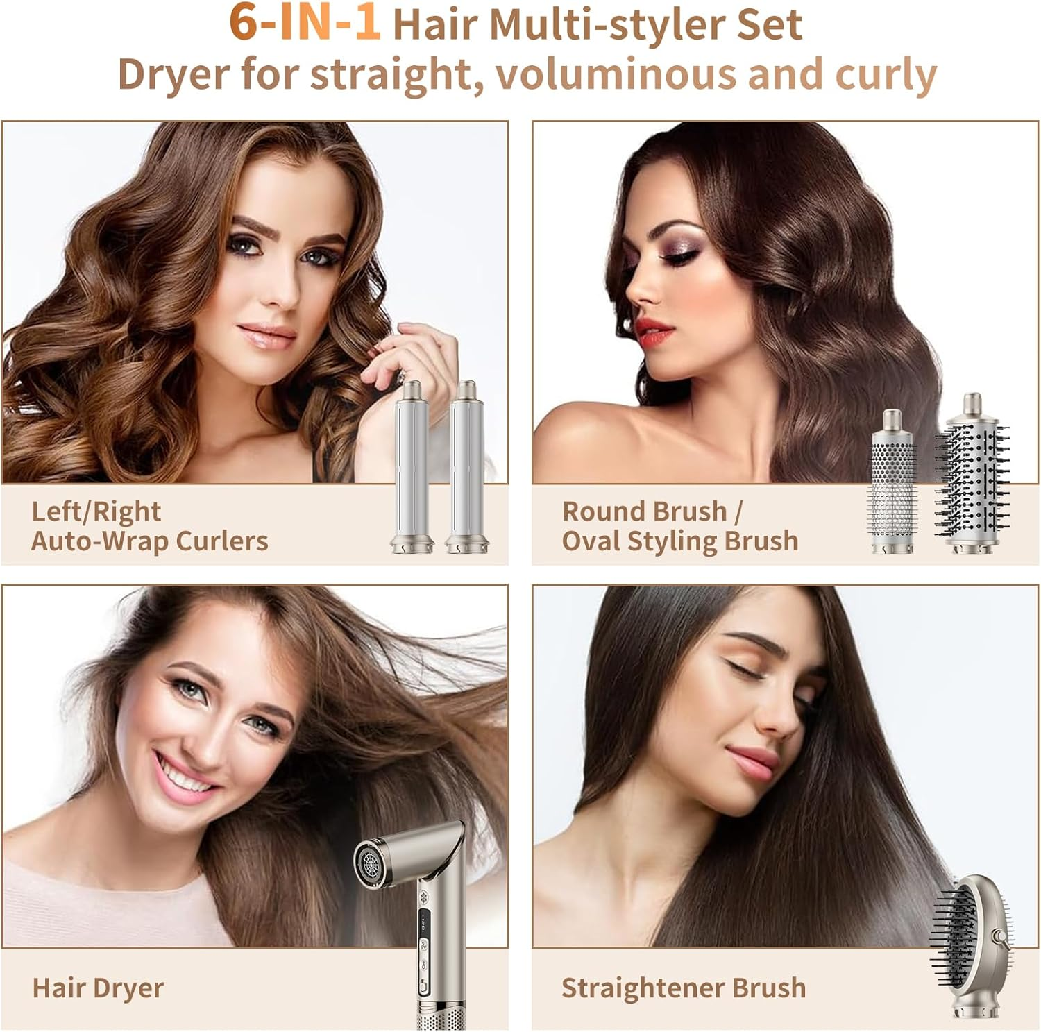 6 in 1 Hair Dryer Brush Set，110000 RPM Blow Dryer with Attachments for Curly Straight & Twisted Hair,Professional Ionic Brush Blow Dryer for All Hair Types,Gift Set image number 1