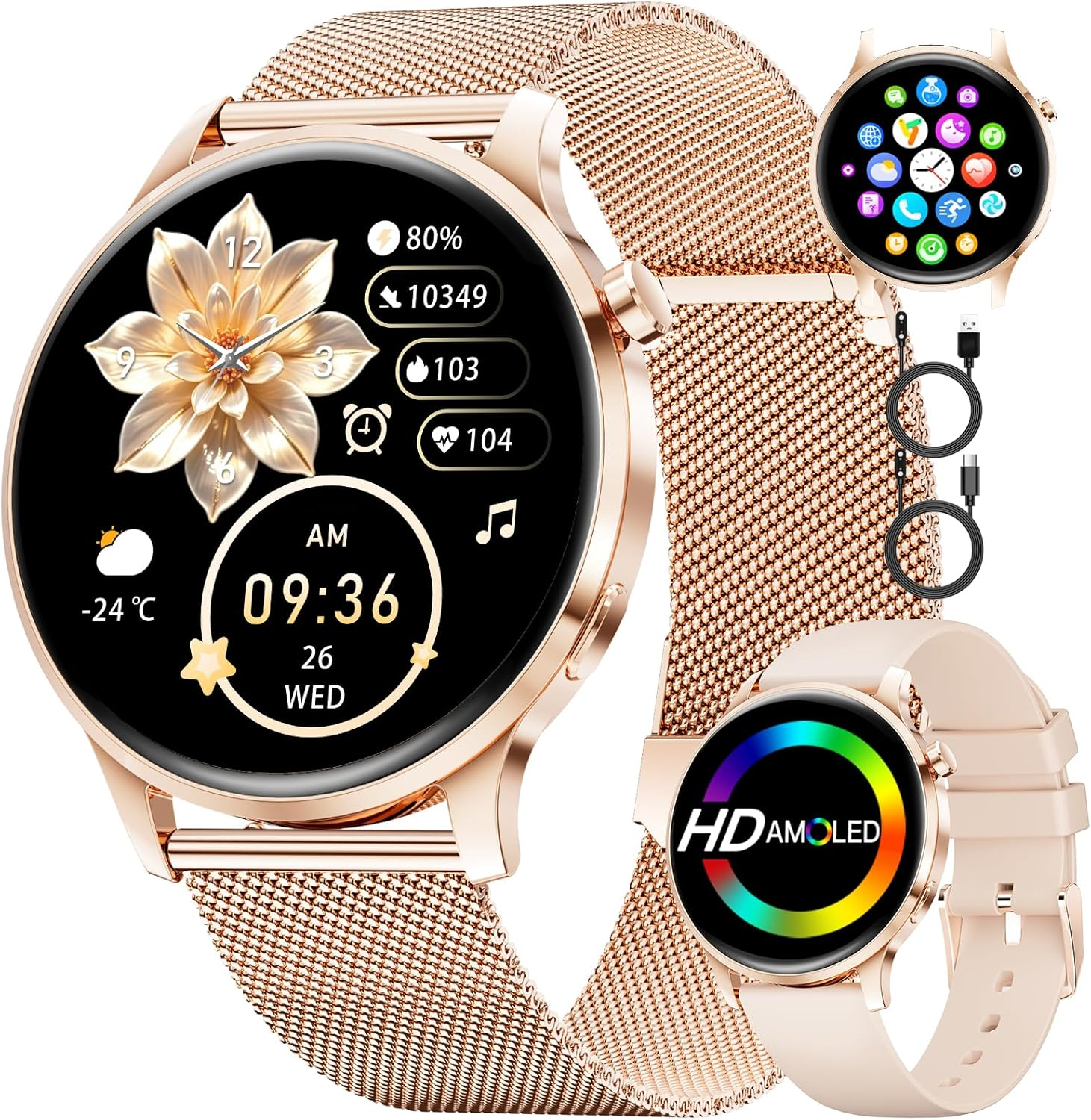 Smart Watch for Women Men (Make/Answer Call), 1.32" AMOLED Display Elegant Smartwatch Ladies with 2 Straps, 100+ Sports Modes, Health Tracking, IP68 Waterproof, Digital Watch for Android Ios image number 2