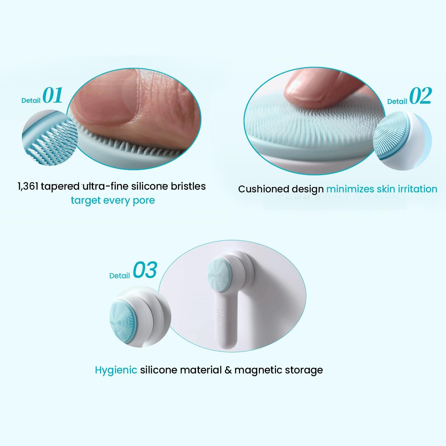 ILSO Pore Cleansing Master, Silicone Facial Brush, White Blue, Deep Cleansing Tool with 1,361 Micro-Bristles, 5.7X 2.1 X 1.1 Inches (146X54X30Mm) image number 4