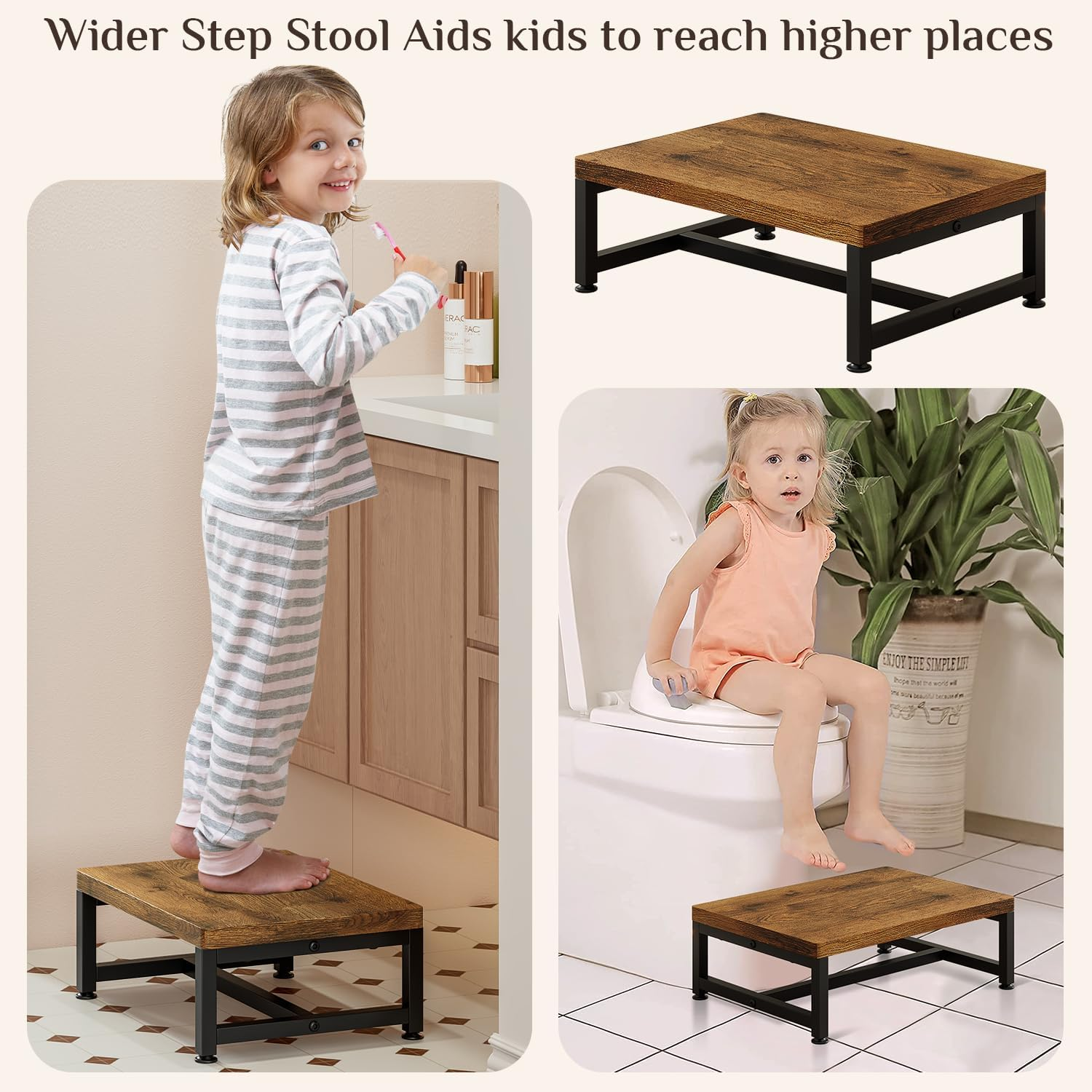 Forthcan Wooden Step Stools for Adults Kids, 2 Step Stool, Heavy Duty Wood Bedside Stepping Stool for Kichen/Bathroom/Bedside Step Stool (Single Tier (Brown))