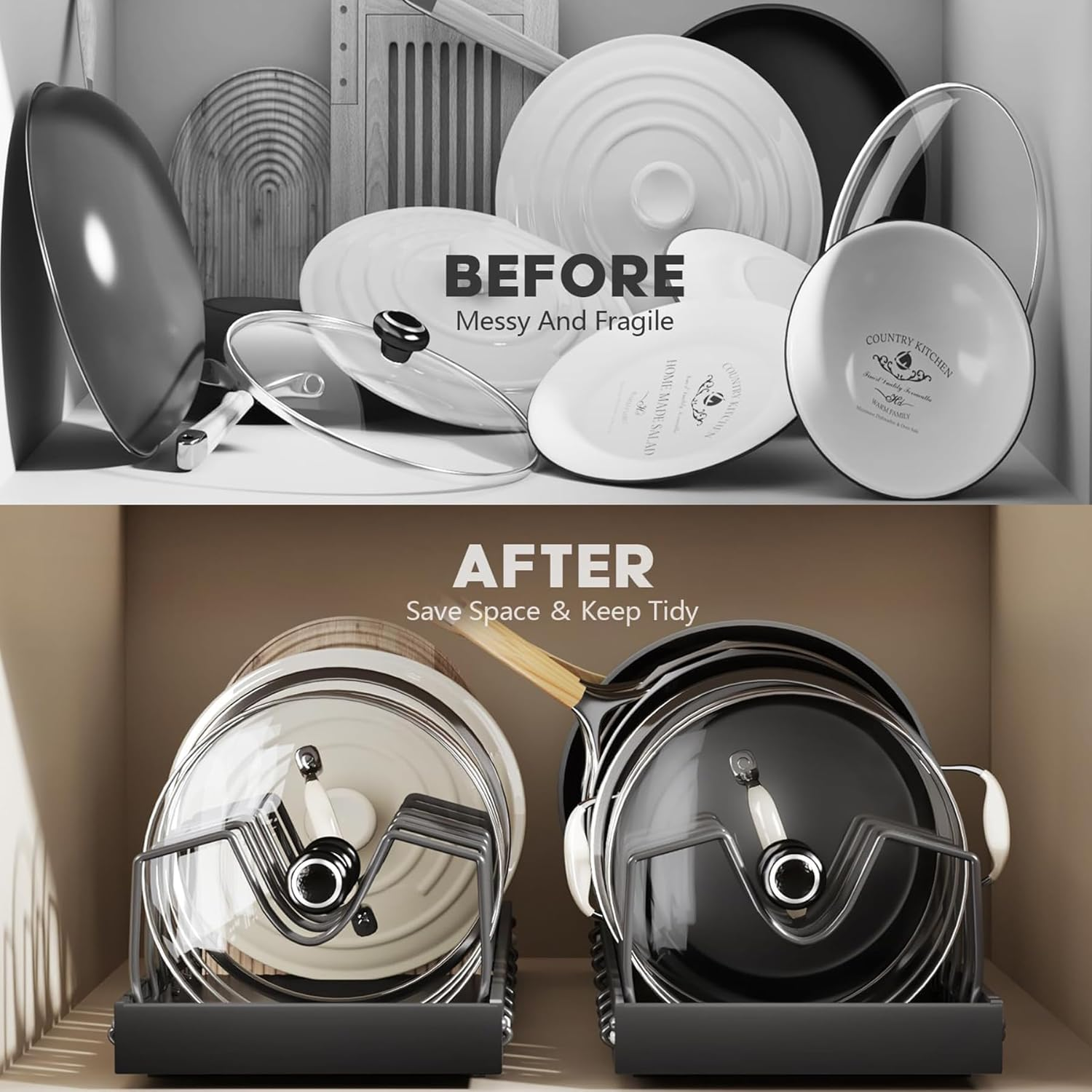 FORYUSE 2 Pack Pull Out Pots and Pans Organiser under Cabinet Sliding Lid Holder Rack Slide Out Bakeware Dishes inside Cabinet Kitchen Storage 8 Adjustable Dividers