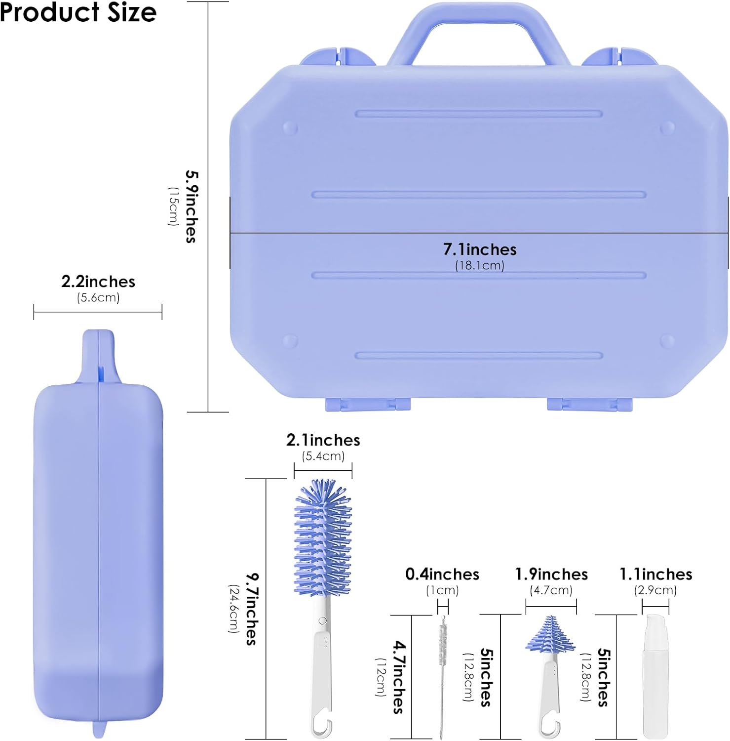Travel Bottle Brush Set with Stand, Portable Bottle Cleaner Kit with Silicone Bottle Brush, Drying Rack, Nipple Brush, Straw Brush, Soap Dispenser (Blue) image number 1