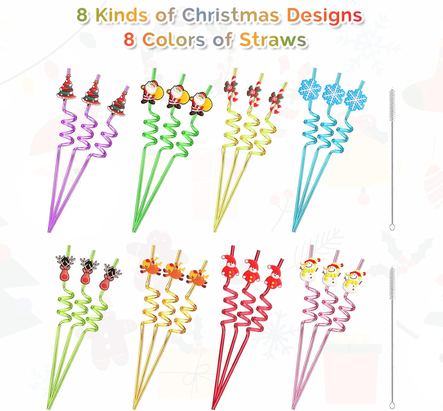 24 Christmas Party Favors for Kids, Christmas Party Decorations Supplies, Xmas Candy Bags Supplies, Christmas Goodie Gifts, Drinking Straws with 2 Cleaning Brushes image number 2