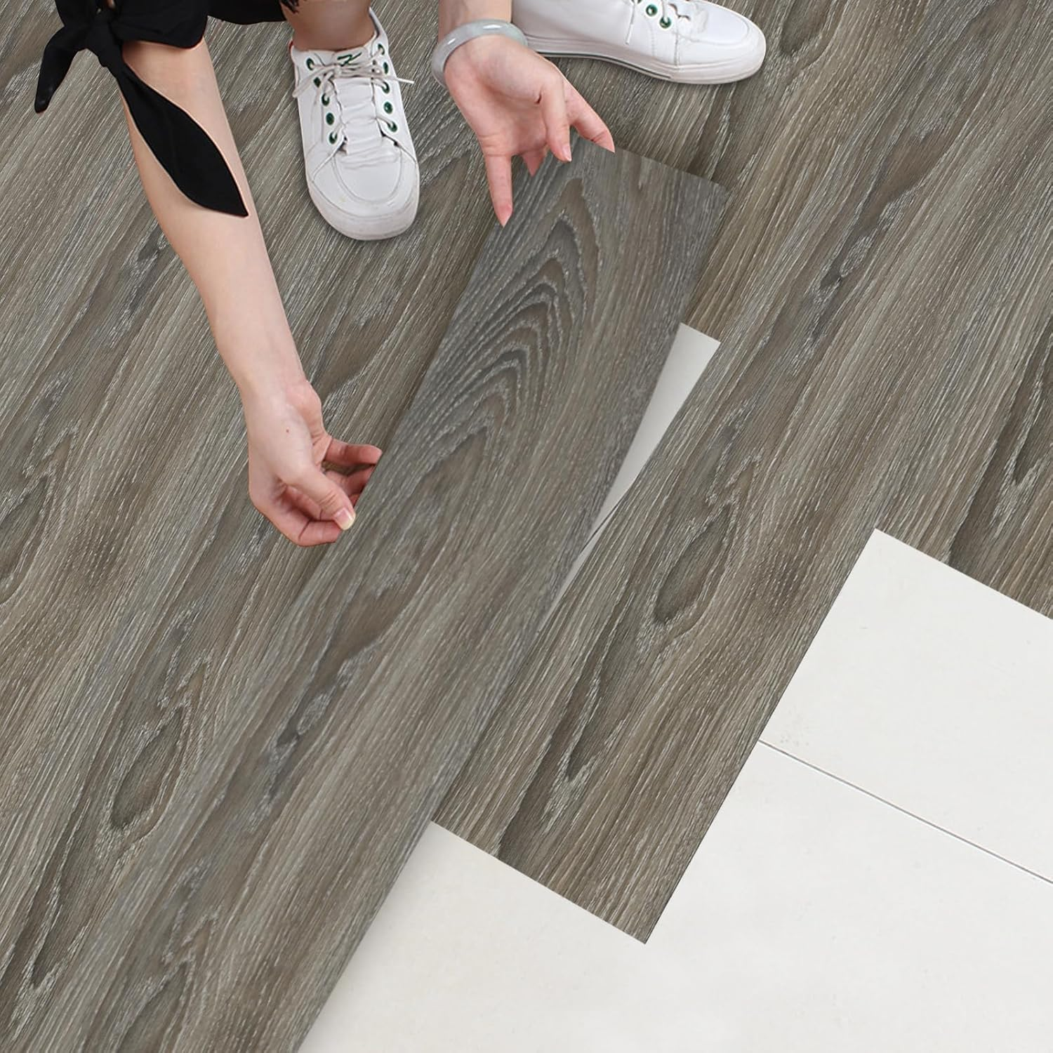 Wood Grain Floor Tiles, 15PCS 91 X 15Cm Waterproof Peel and Stick Vinyl Flooring, Flame Retardant Wear Resistant Floor Stickers for Home (Grey)