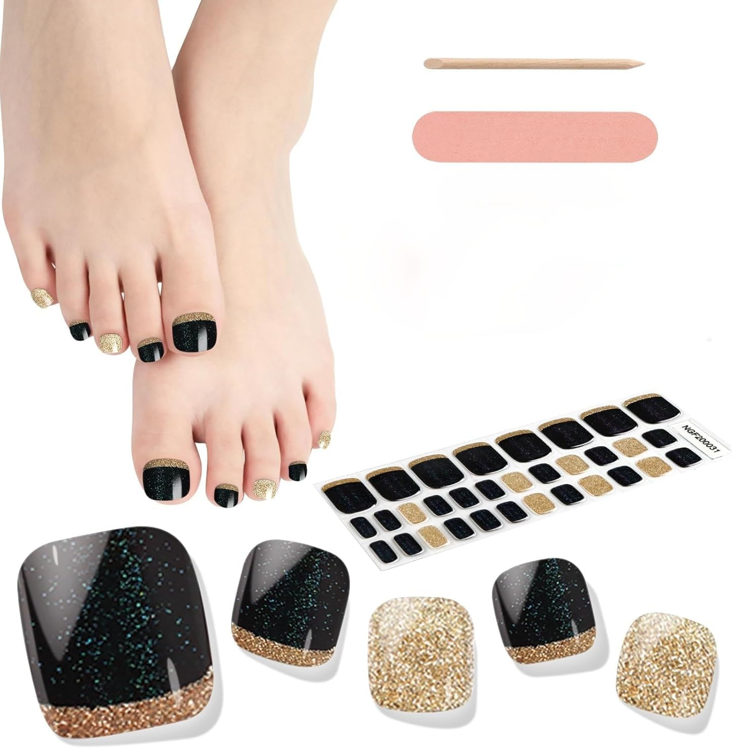Semi Cured Gel Toe Nail Strip - Gel Nail Sticker - Gel Nail Wrap - UV LED Lamp Curing Nail Polish Strip - 32 Strips - BLACK & GOLD image number 1