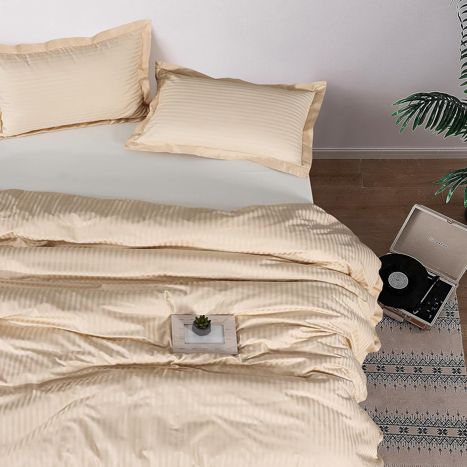 Enviohome 1000 Thread Count Cotton Ivory Satin Stripe Reversible Duvet Cover Quilt Bedding Set - Double, Ivory image number 5