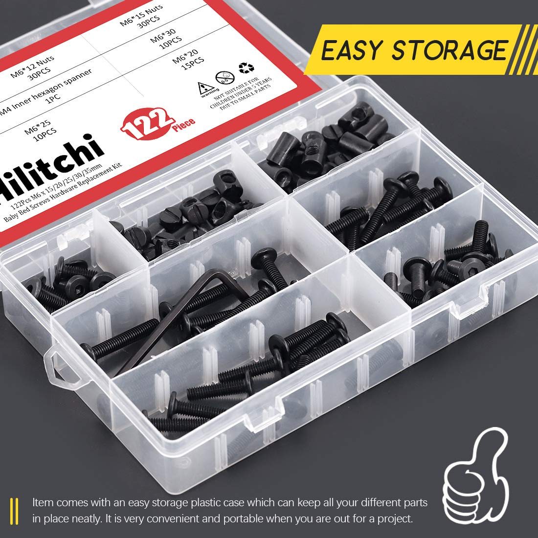 Hilitchi M6 120Pcs Black Hex Socket Head Screws Bolts Barrel Nuts Hardware Assortment Kit for Crib Baby Bed Furniture Cots and Chairs (15Mm/20Mm/25Mm/30Mm/35Mm-Assortment Kit) image number 5