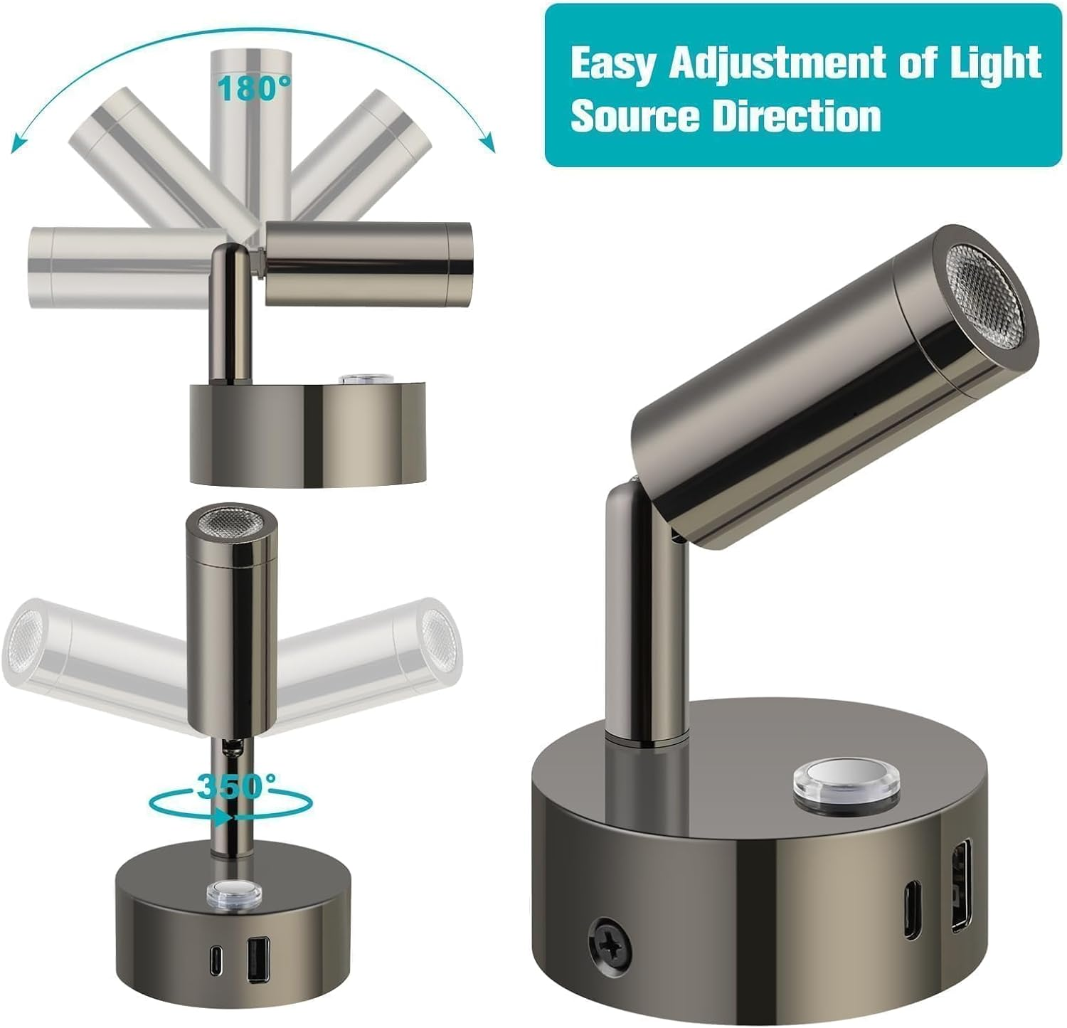 ERWEY 12 V Reading Lamp Motorhome, LED Wall Light, Bed Lamp with Switch, Touch, Dimmable, 3000 K - 6000 K, DC 12 V-24 V Spot RV Lighting with USB A+C Connections for Boat, Car, Camper, Van (Gloss image number 5