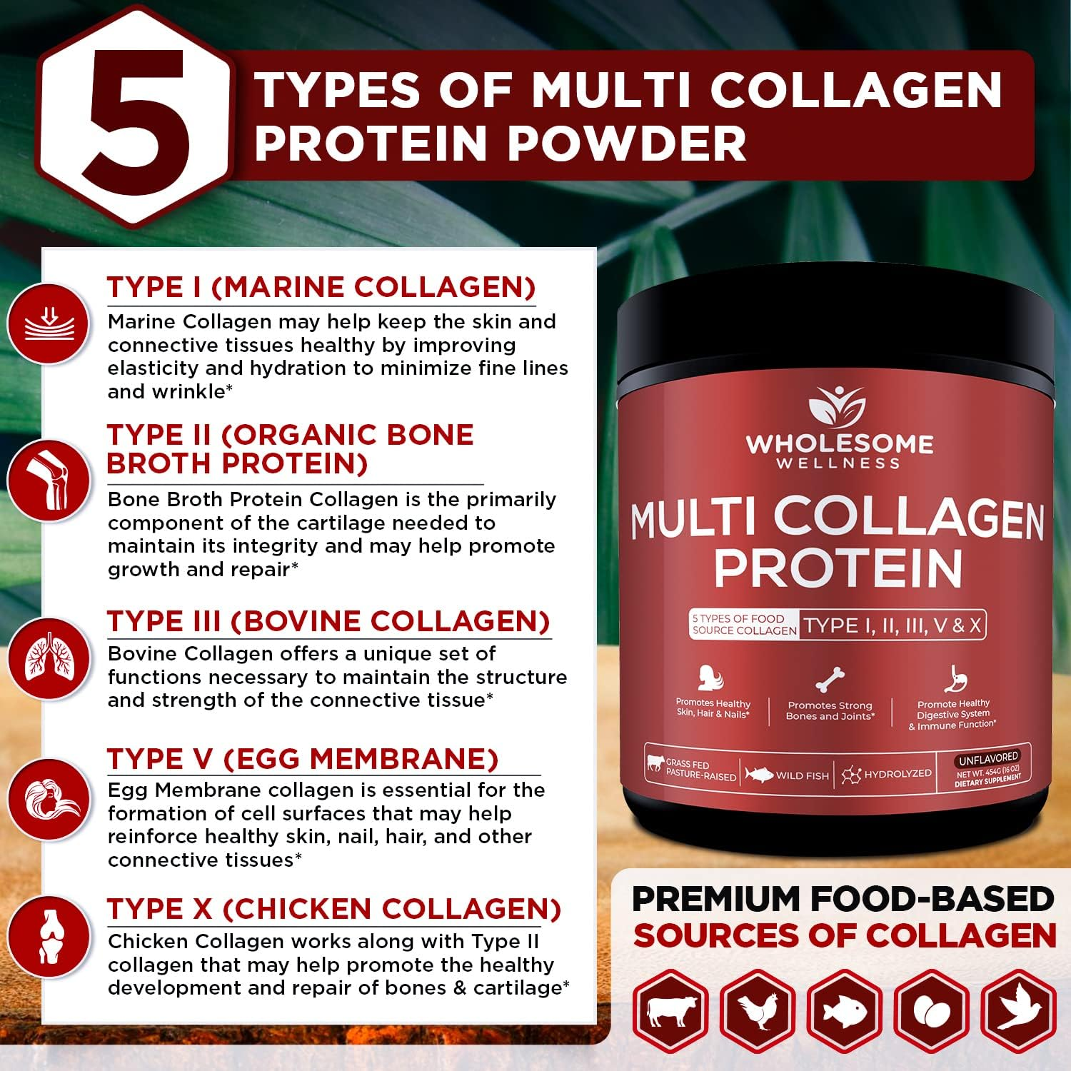 Multi-Collagen Protein Powder Hydrolyzed - Type I, II, III, V, X - Grass-Fed All-In-One Super Bone Broth + Collagen - Premium Quality Blend of Grass-Fed Beef, Chicken, Wild Fish and Eggshell Collagen