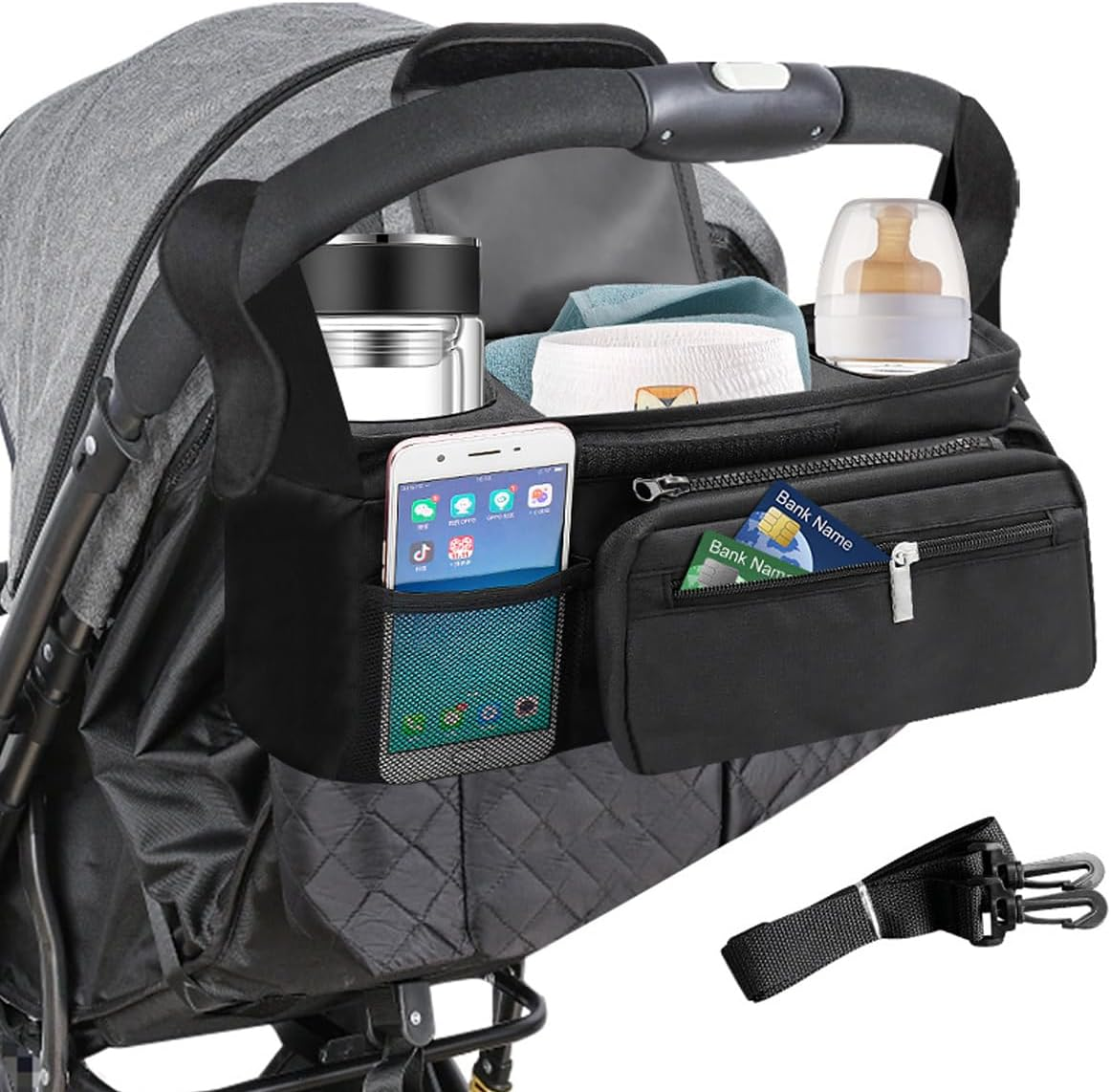 AIMALL Universal Baby Stroller Organiser Bag with Cup Holders &ndash; Waterproof Oxford Cloth Hanging Storage Basket with Zipper Pouch for Trolley and Pushchair