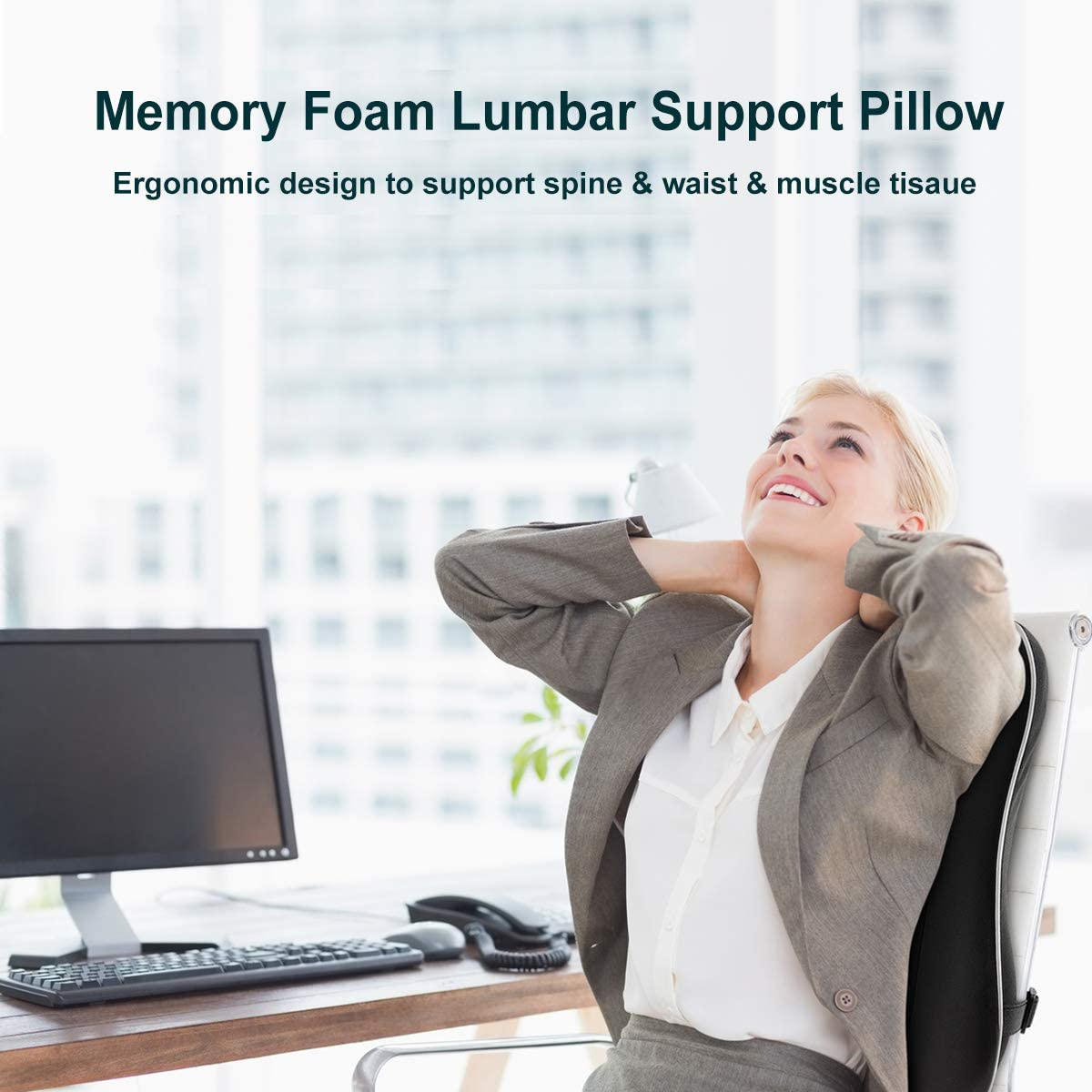 Newgam Lumbar Support Pillow/Back Cushion,Memory Foam Orthopedic Backrest with Breathable 3D Mesh for Car Seat,Office/Computer Chair,Wheelchair and Recliner,Ergonomic Design for Back Pain Relief-Black image number 2