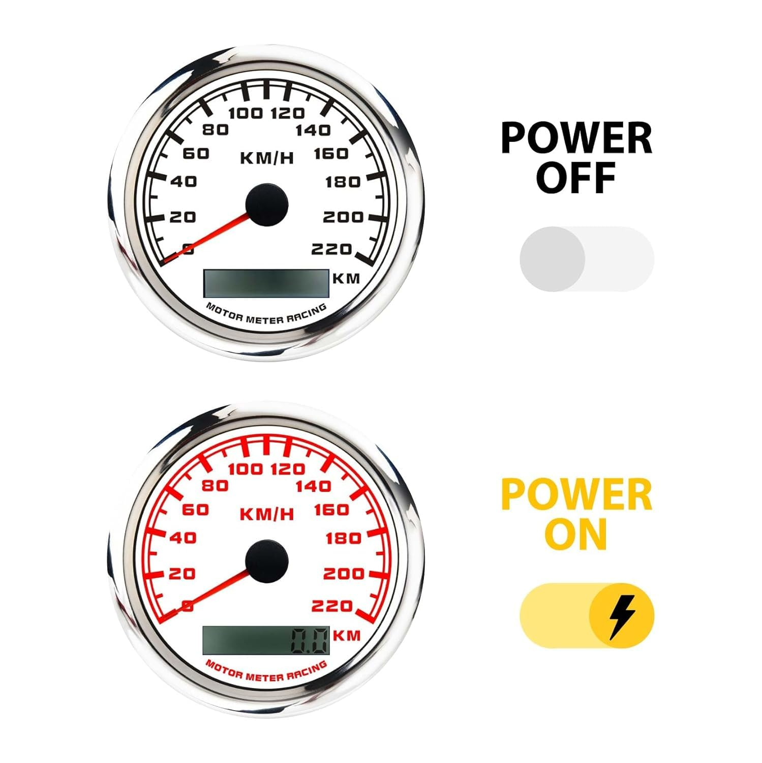 MOTOR METER RACING W PRO Series 6 Gauge Set - 85Mm GPS Speedometer 220 KMH & Tachometer 52Mm Volt, Fuel Level, Water Temperature & Oil Pressure White Dial Red LED - for Car Boat Marine Truck image number 2