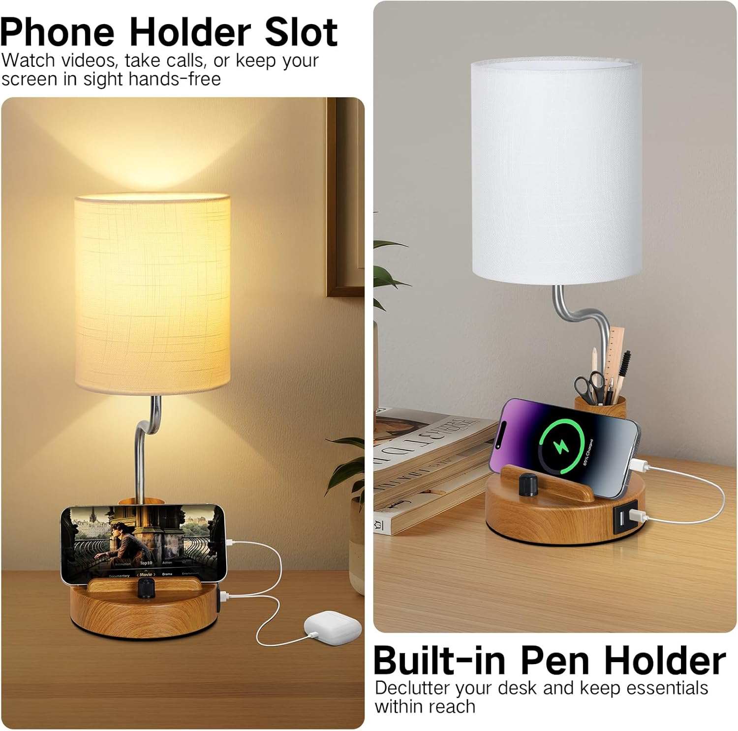 OUTON Bedside Table Lamps &ndash; Stepless Dimmable Nightstand Light with Linen Shade, USB-A & USB-C Ports, Phone Stand & Pen Holder, 2700K Warm LED Bulb Included, for Bedroom, Dorm, Office, Wood image number 5