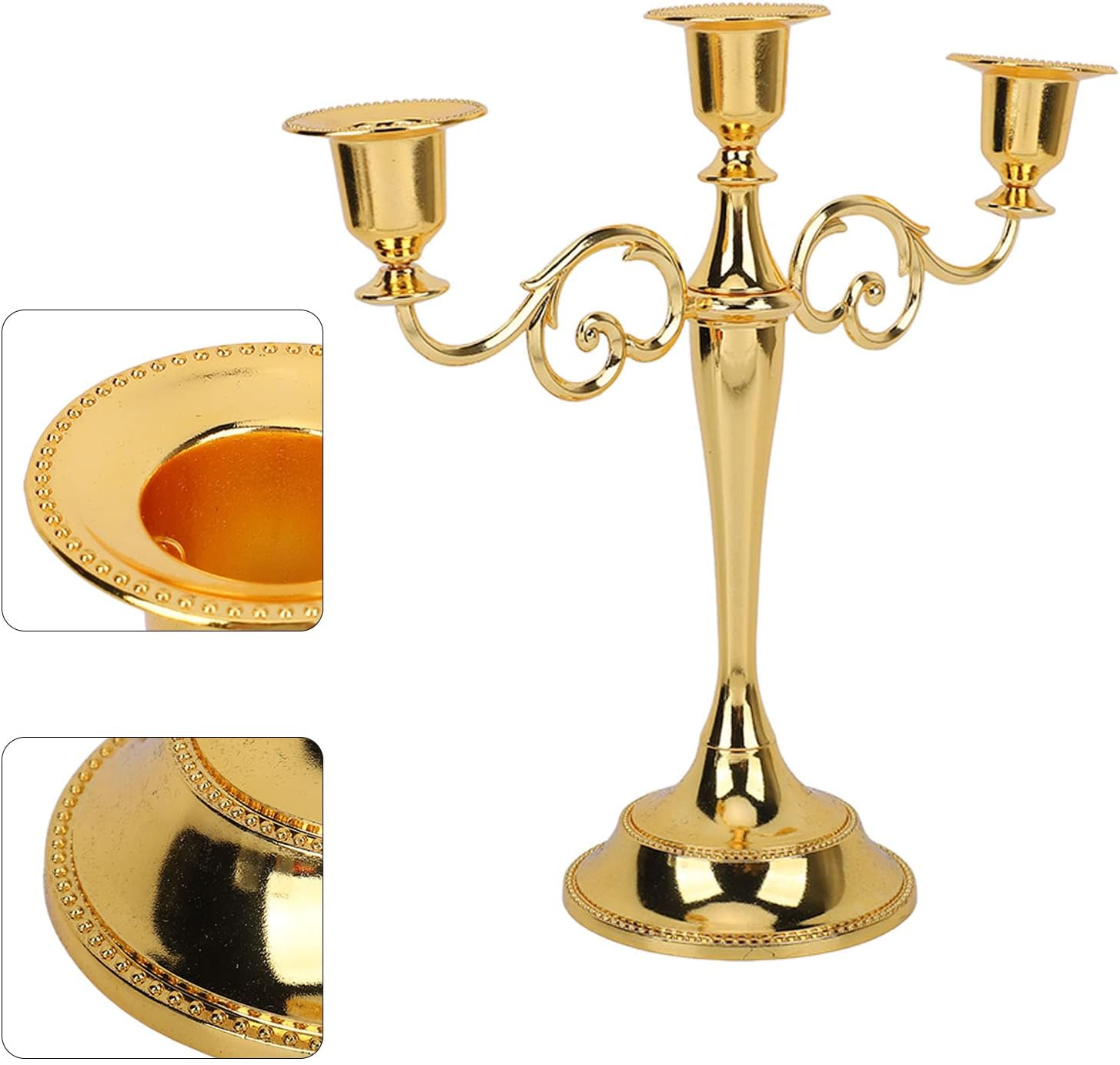 3 Arms Candelabra, Retro European Style Metal Candle Holder, Metal Vintage Candelabra Candlestick Wedding Table Decorations for Dining Table Birthday Party Christmas Home Decor (Gold) image number 3