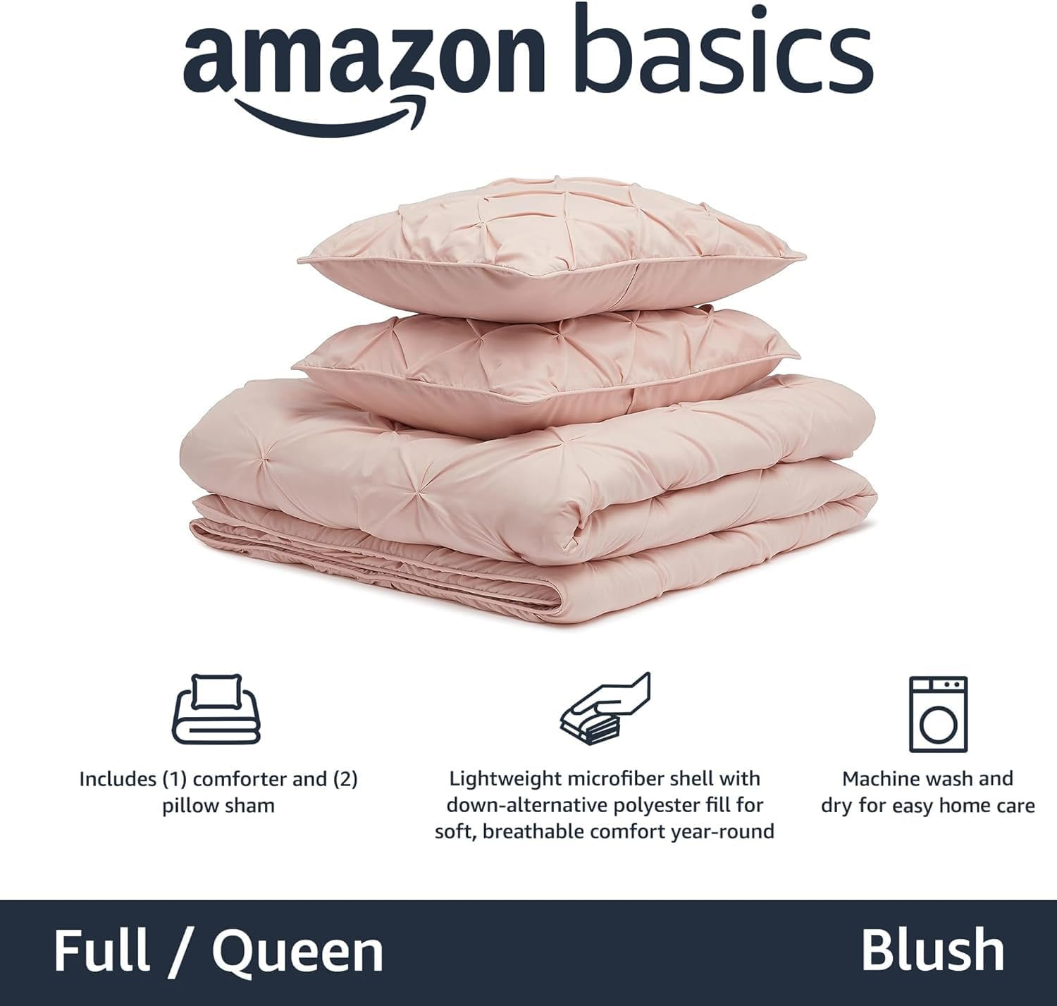 Amazon Basics Pinch Pleat All-Season Down-Alternative Comforter Bedding Set - Full / Queen, Blush image number 1