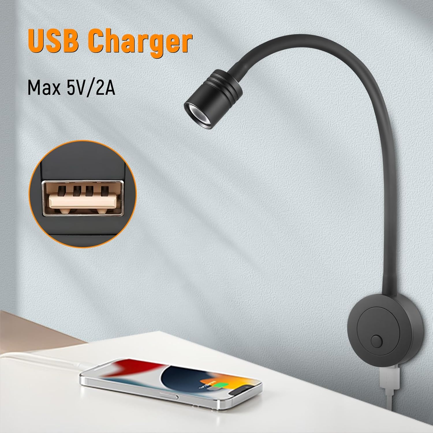 RV 12V LED Reading Light, Dimmable Bedside Reading Lamp for Caravan Boat Camper Van Travel Trailer Truck Cabin, 24V Flexible Gooseneck Spotlight with Push Switch&Usb Charger Port(Black) image number 1