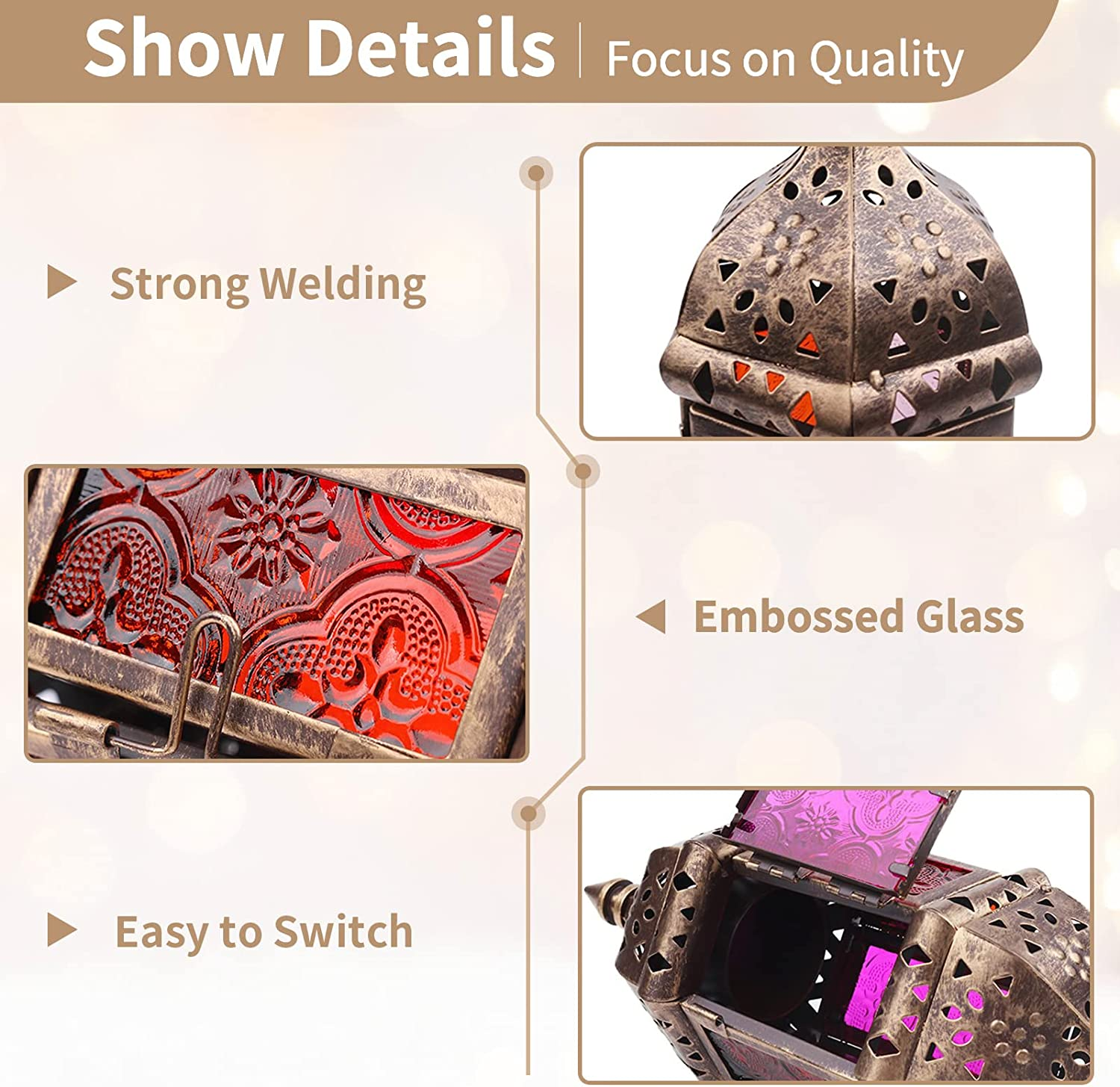 2 Pcs Hanging Hexagon Decorative Moroccan Candle Lantern Holders, Handmade Hanging Tea Light Holder in Bronze Metal & Red & Purple Glass Gift & Decor Items image number 1