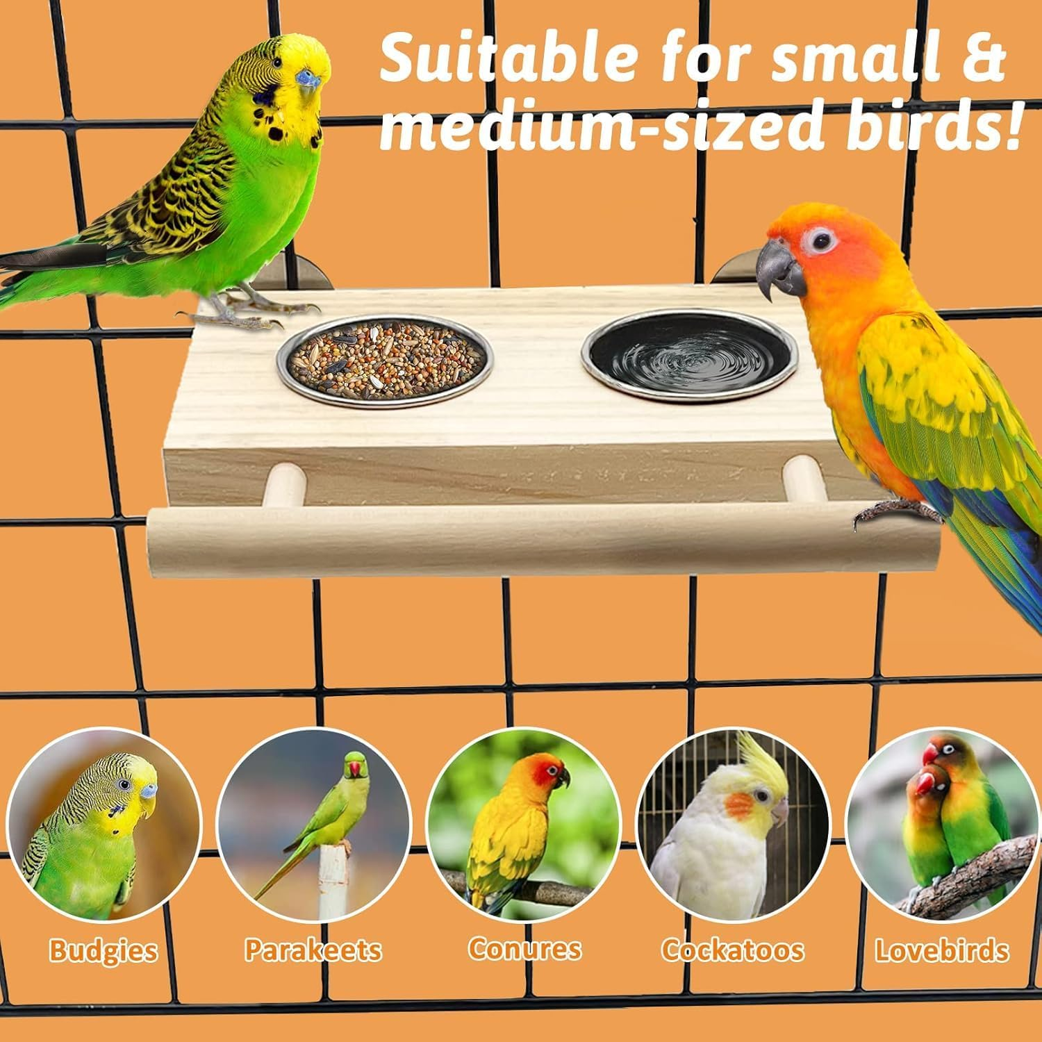 THJOPOKEEL Bird Food Stainless Steel Cup with Wooden Perch Hanging Feeder Double Bowl Parrot Feeding Tray and Water Feeding Cup with Stand, Food Water Feeder Cage Accessory Easy to Install image number 6