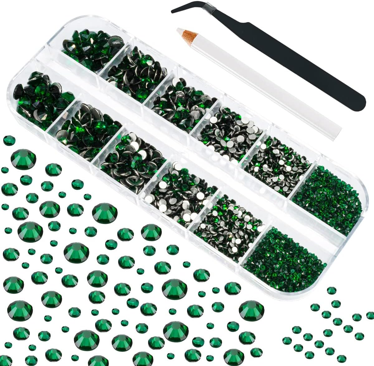 Qiipii 4010Pcs Nail Art Rhinestones Kit Crystal White Flatback Rhinestones 6 Sizes (1.6-6.1 Mm) up to SS30 round Clear Crystal Nail Gems Stones with Picking Pen, Tweezer for Nail DIY Craft Eyes Face