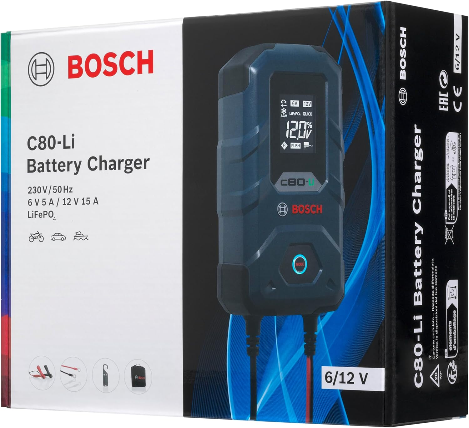 Robert Bosch (Australia) Automotive C80-Li Battery Charger - 15 Amps with Trickle Charging - for 6V/12V Lead-Acid, AGM, EFB, Gel, SLI and 12V Lithium - Lifepo4 Batteries, Comes with AU Style Plug image number 2