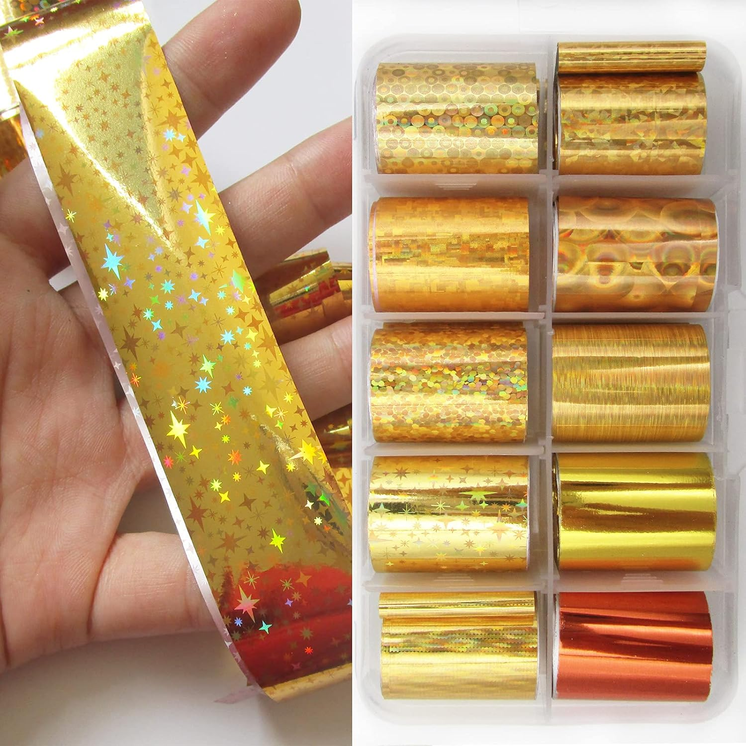 30 Rolls Holographic Transfer Nail Foil Glitter Starry Sky Nail Foils Wraps Metallic Gold Silver Laser Transfer Nail Decals Nail Foil Paper,1 Stainless Steel Curved Scissors (Holographic Starry)