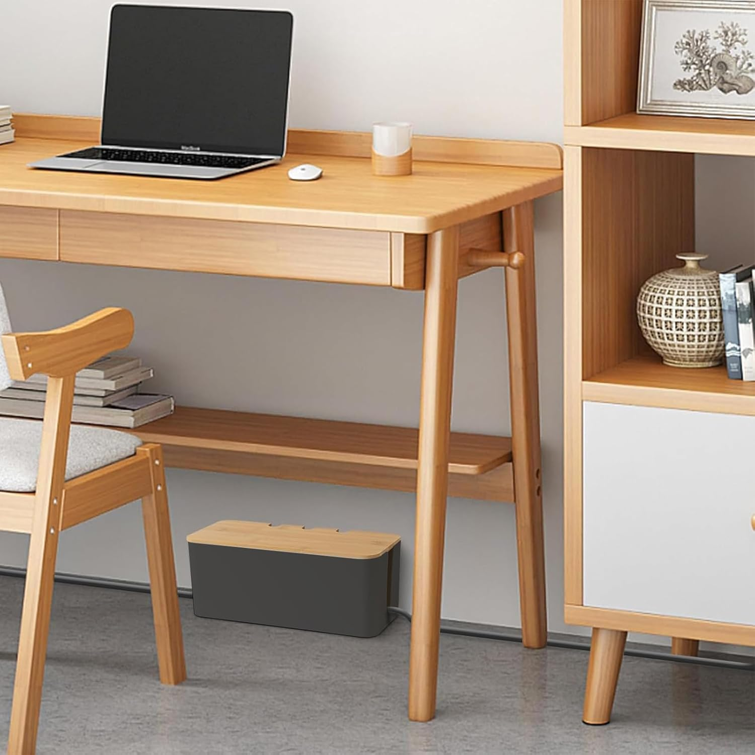 2 Pack Cable Management Box,Cord Organizer with Bamboo Cover for TV Wires,Computer,Router,Usb Hub,Under Desk Power Strip& Cords (Black) image number 3