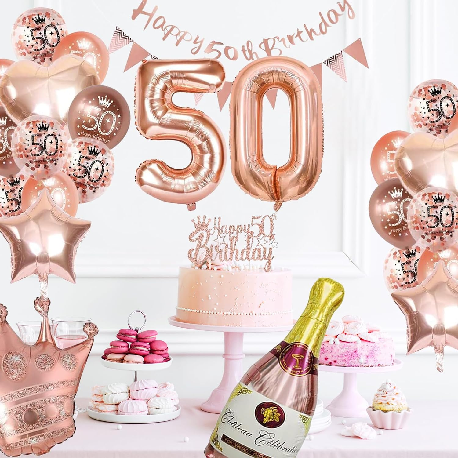 Xugoox 37 Pcs Rose Gold 50Th Birthday Decorations with Happy 50Th Birthday Banner, Rose Gold 50Th Birthday Balloons Star Heart Balloons, Cake Topper, Sash for Women 50 Years Old, Fifty Birthday Decor image number 1