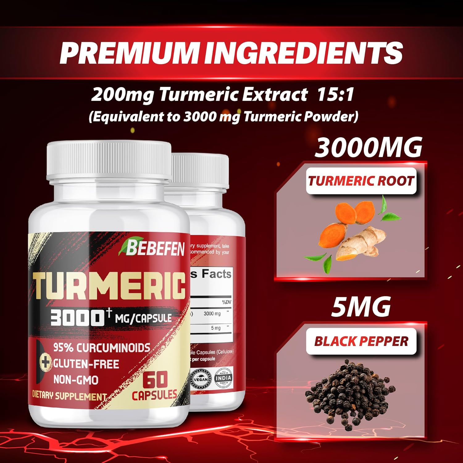 Turmeric Curcumin with Black Pepper 95% Standardized Curcuminoids | 2 Month Supply | Non-Gmo, Gluten Free image number 3