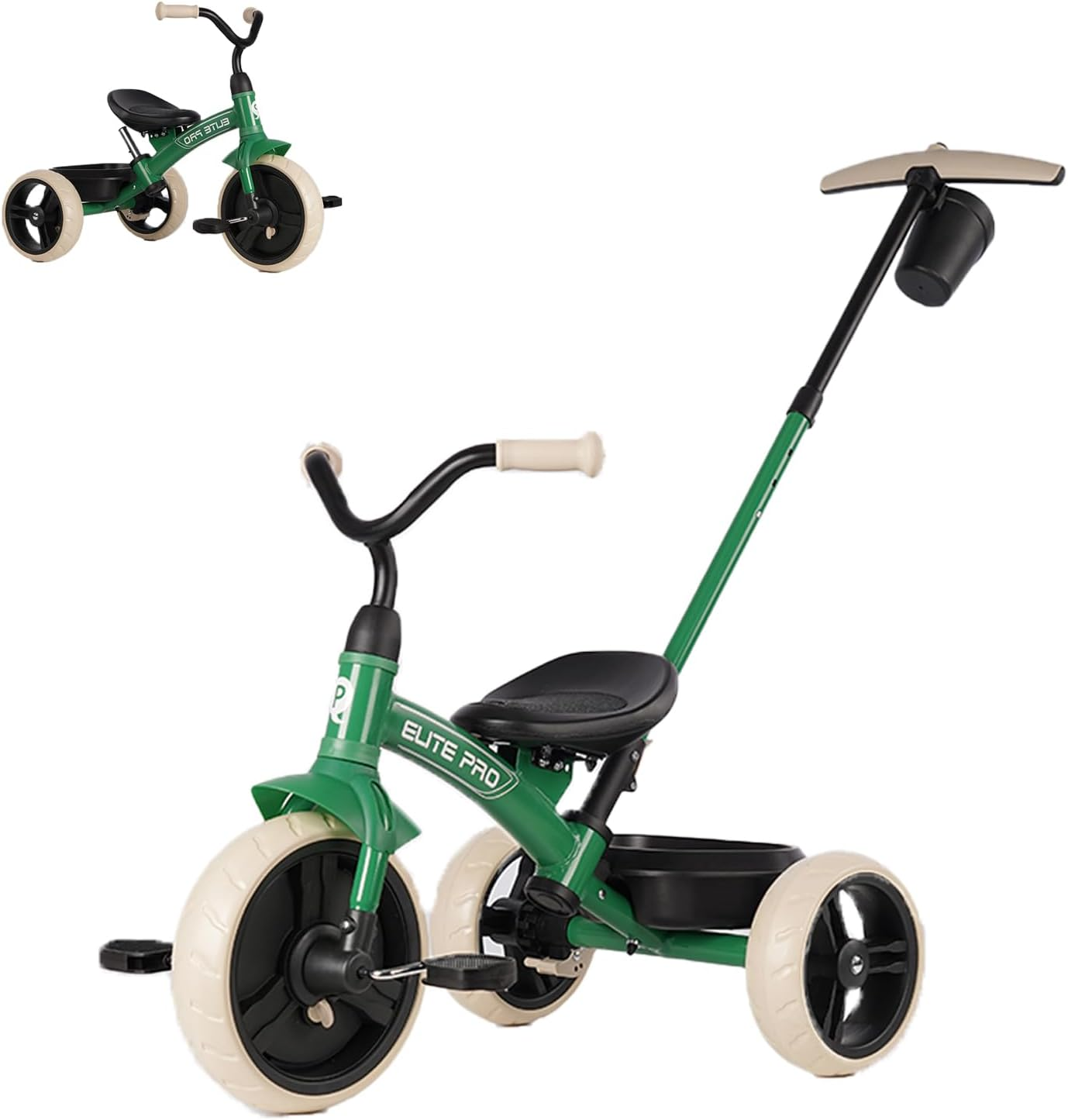 Qplay Toddler Tricycles for 2 to 6 Year Olds-2 in 1 Kid'S Trikes Bike with Push Handles Adjustable & Removable, Push Bike with Toy Storage Basket for Boys & Girls Tricycle Gift (Green)