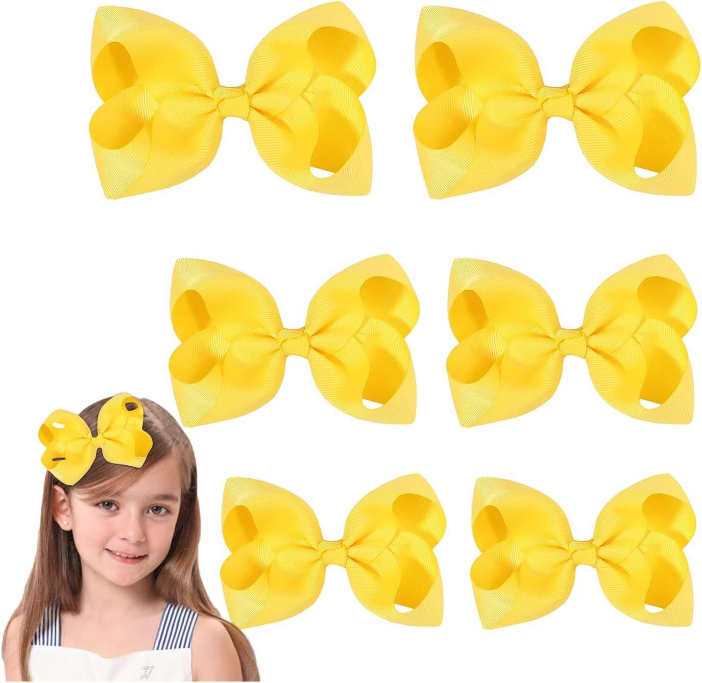 Yellow Hair Bow for Girls and Toddler - 6 Pcs Yellow Bows Clips 6 Inch &times;2, 4 Inch &times;2, 3 Inch &times;2 - Black,Silver image number 4