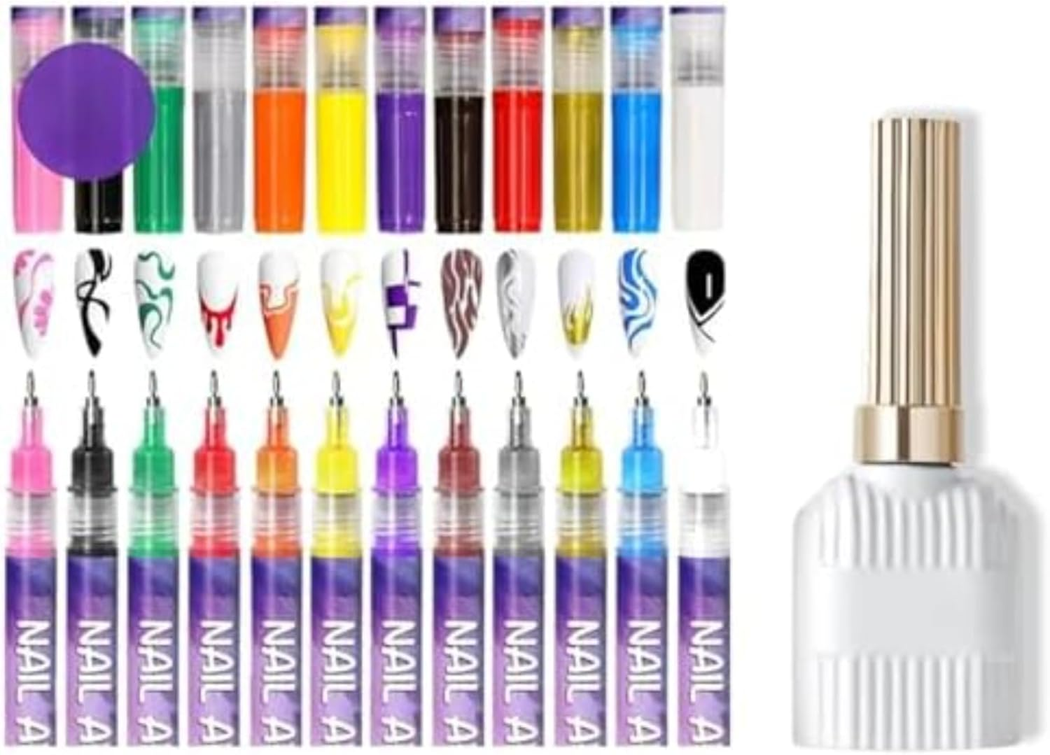 Nail Polish Pens, Tempered Top Coat Sets, Graffiti and Diamond-Dotting Pens, Acrylic Paint Pens, Dotting and Line-Drawing Pens. 12-Color Nail Art Pen Set for Nail Design (Nail Art Pen + Top Coat - 2Pcs) image number 4